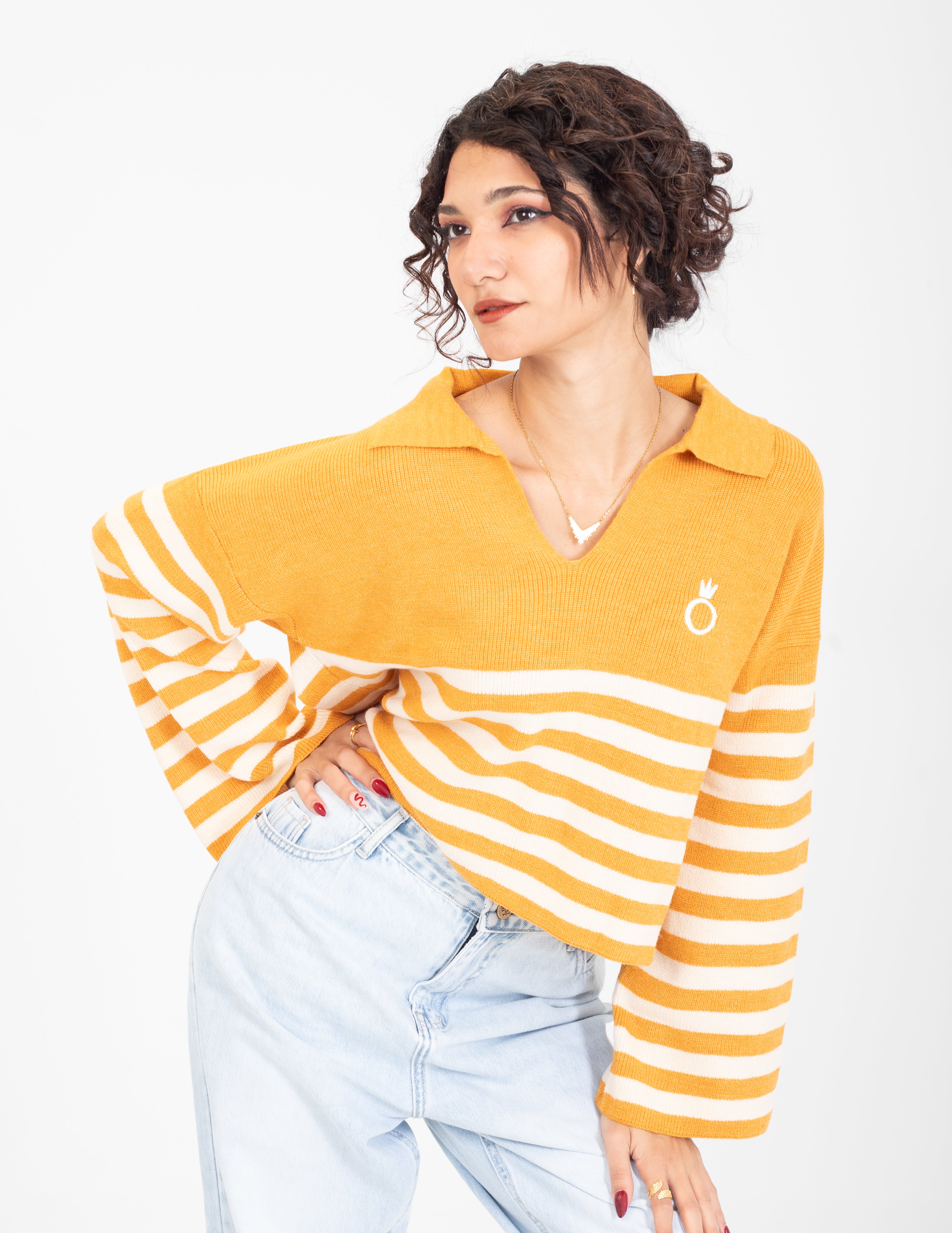 Striped V-Neck Cropped Sweater w16252687