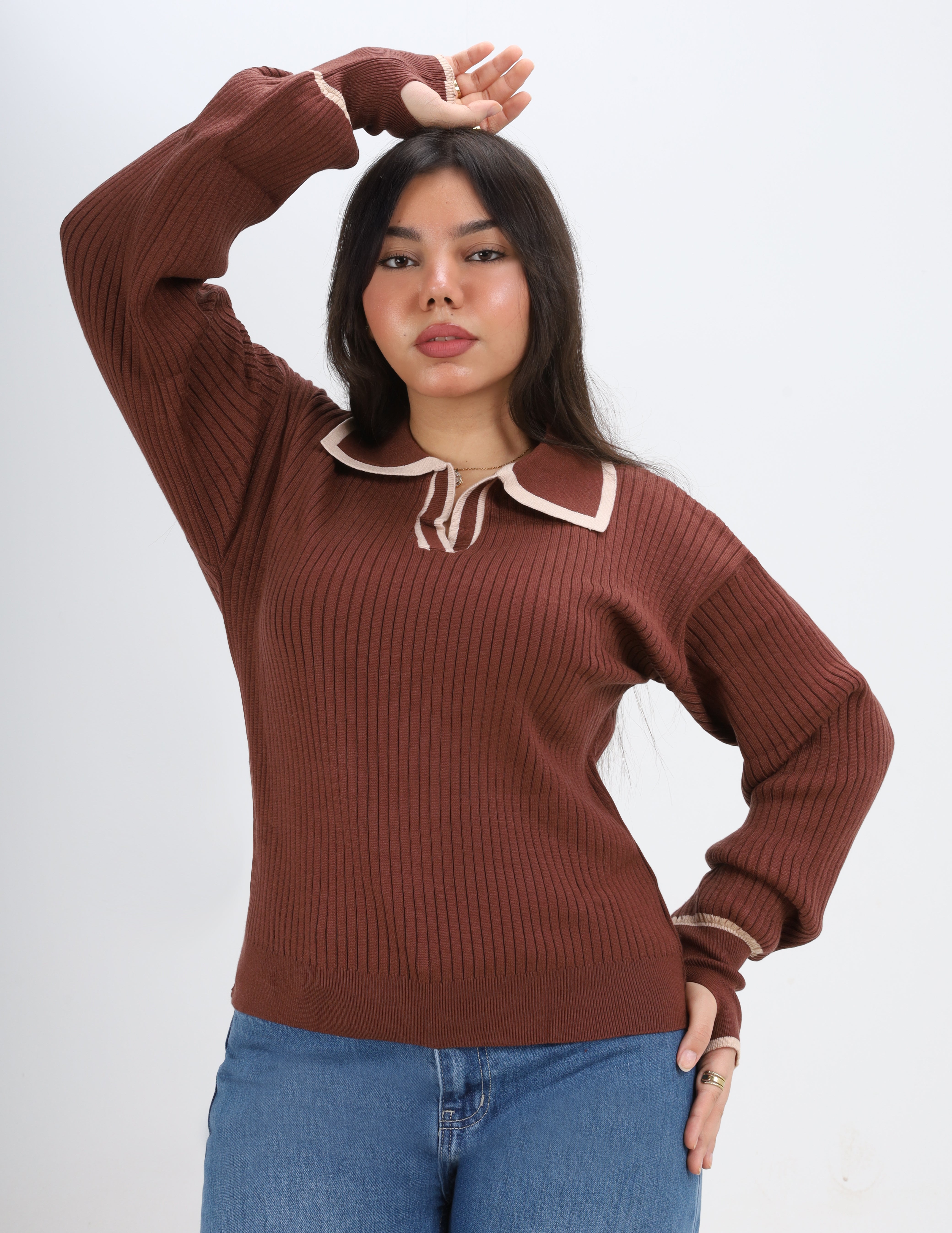 Contrast Collar Ribbed Pullover w16252711