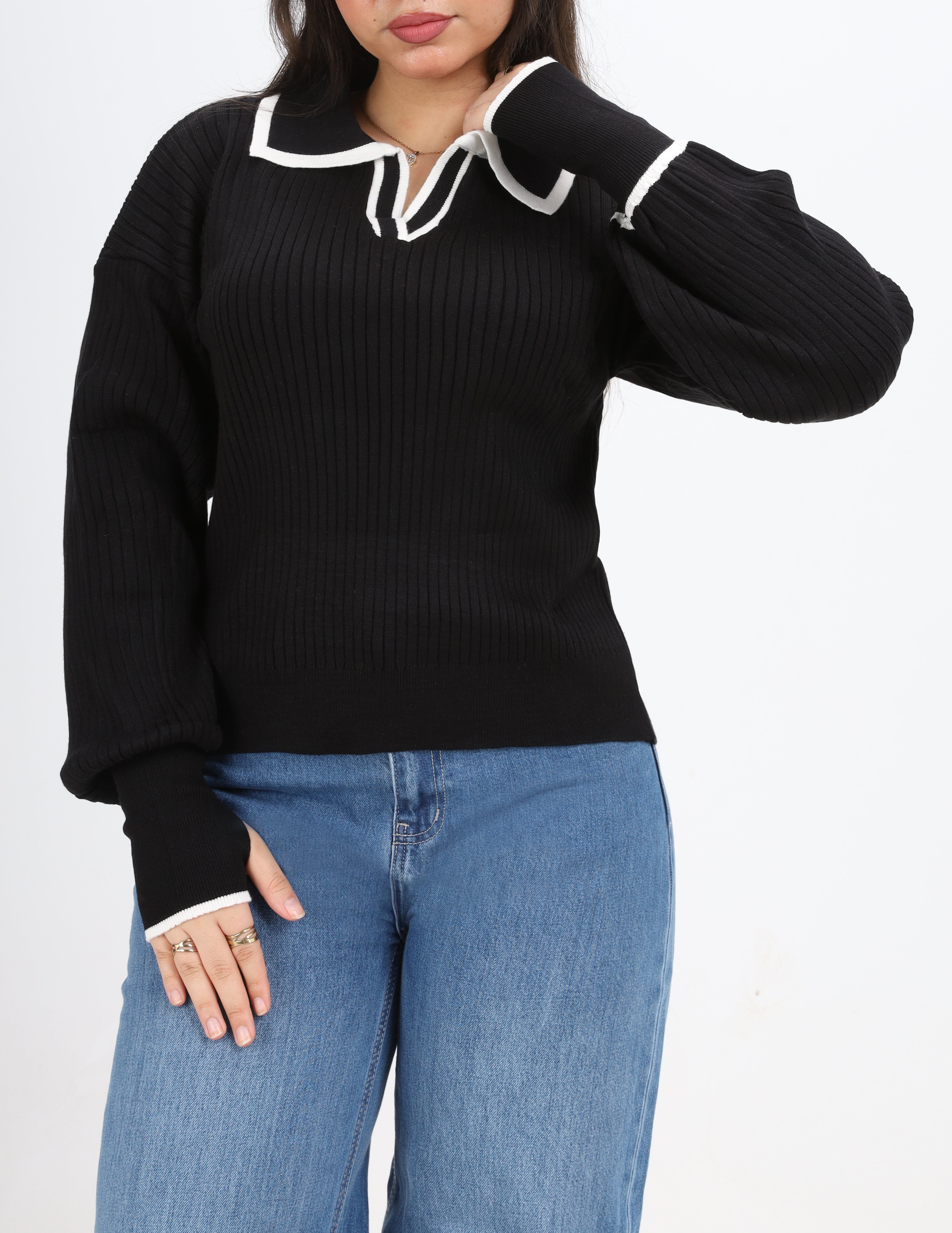 Contrast Collar Ribbed Pullover w16252711