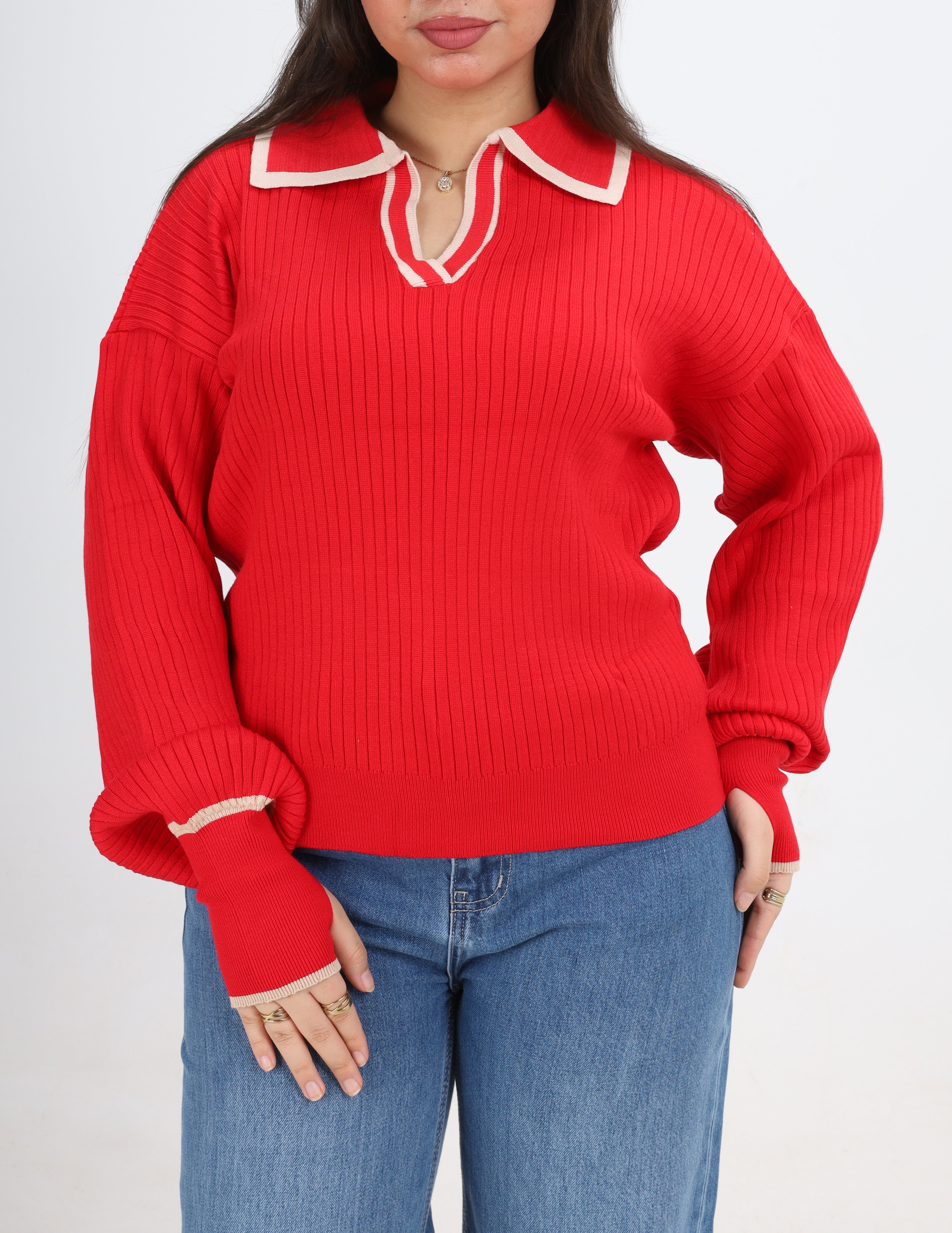 Contrast Collar Ribbed Pullover w16252711