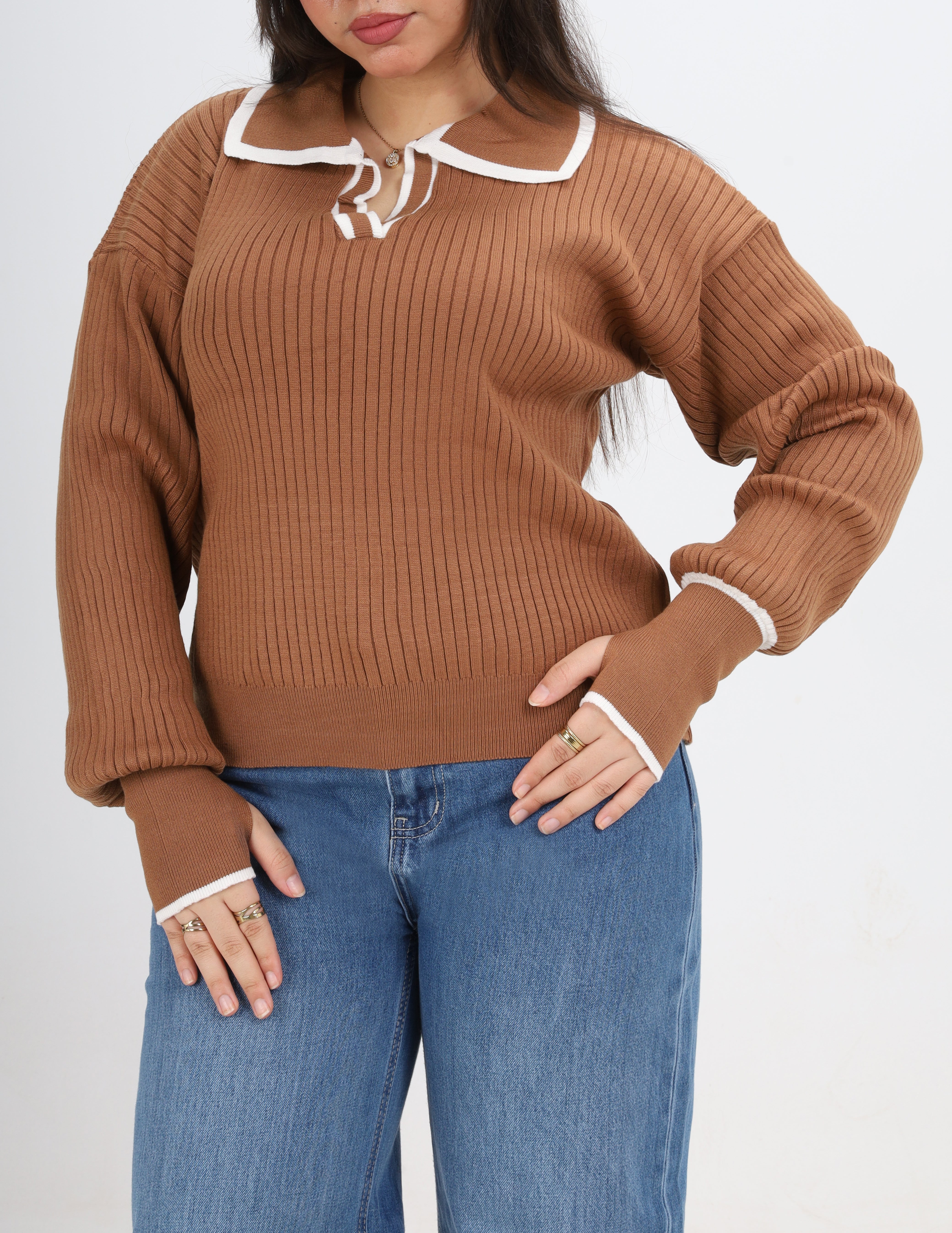 Contrast Collar Ribbed Pullover w16252711