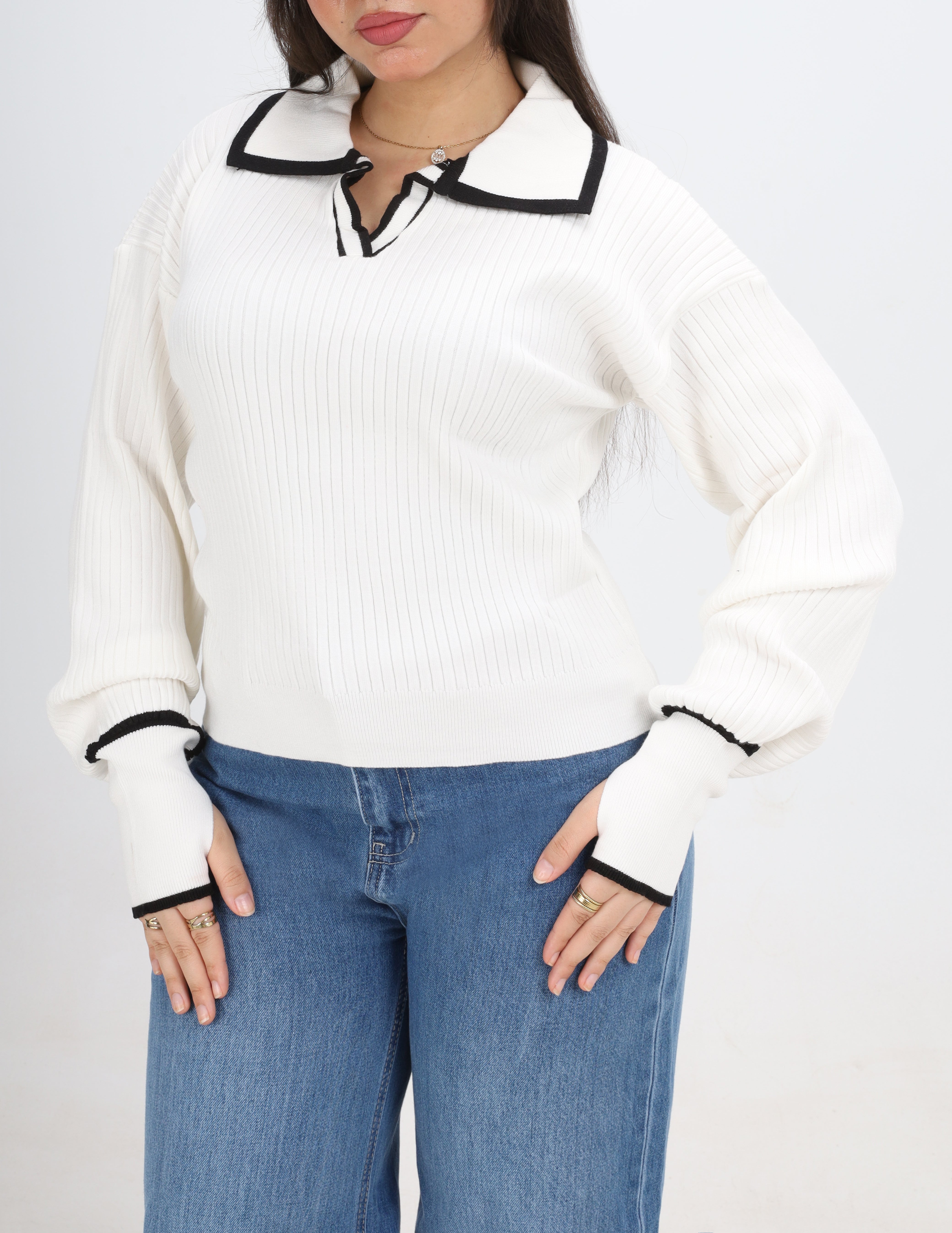 Contrast Collar Ribbed Pullover w16252711