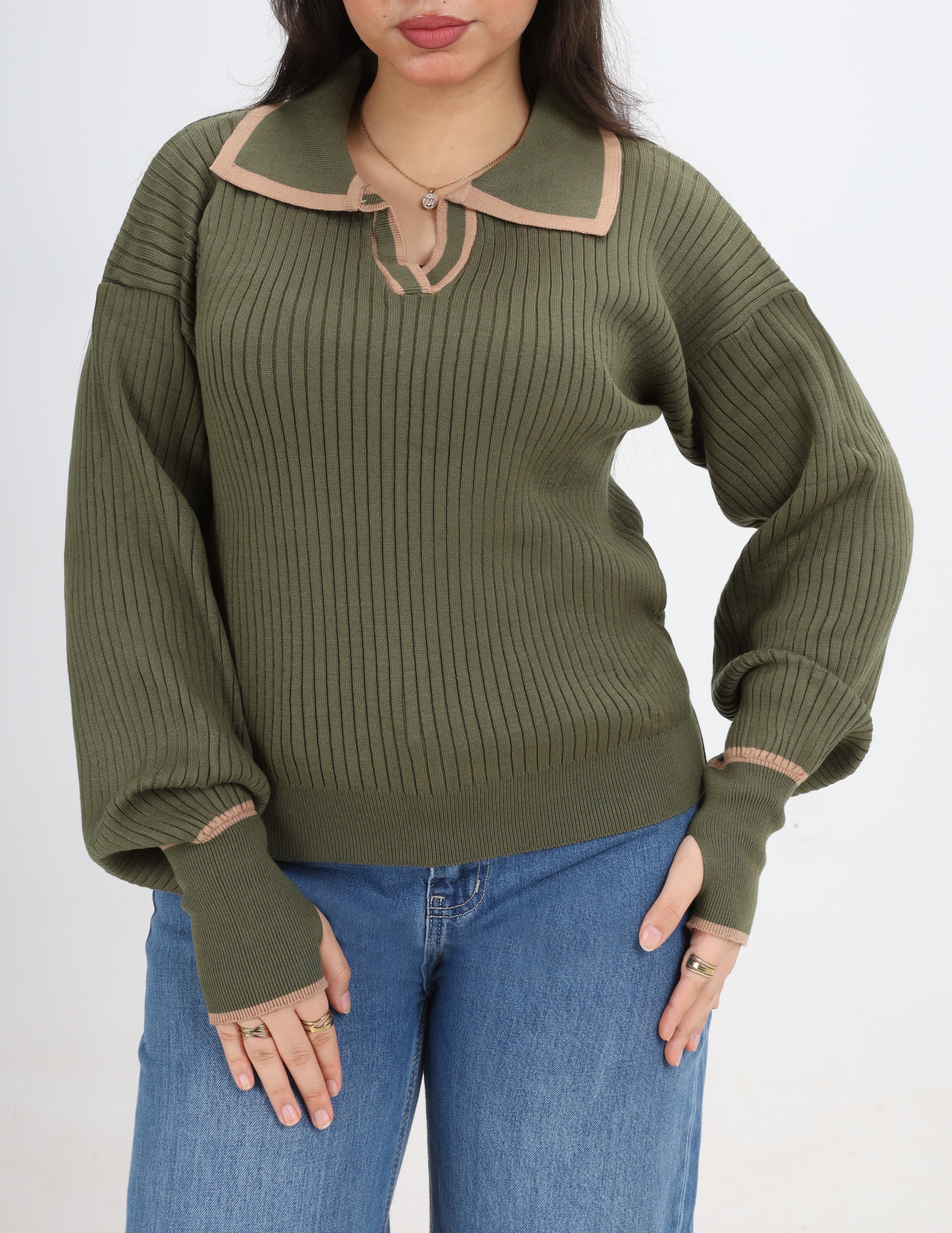 Contrast Collar Ribbed Pullover w16252711