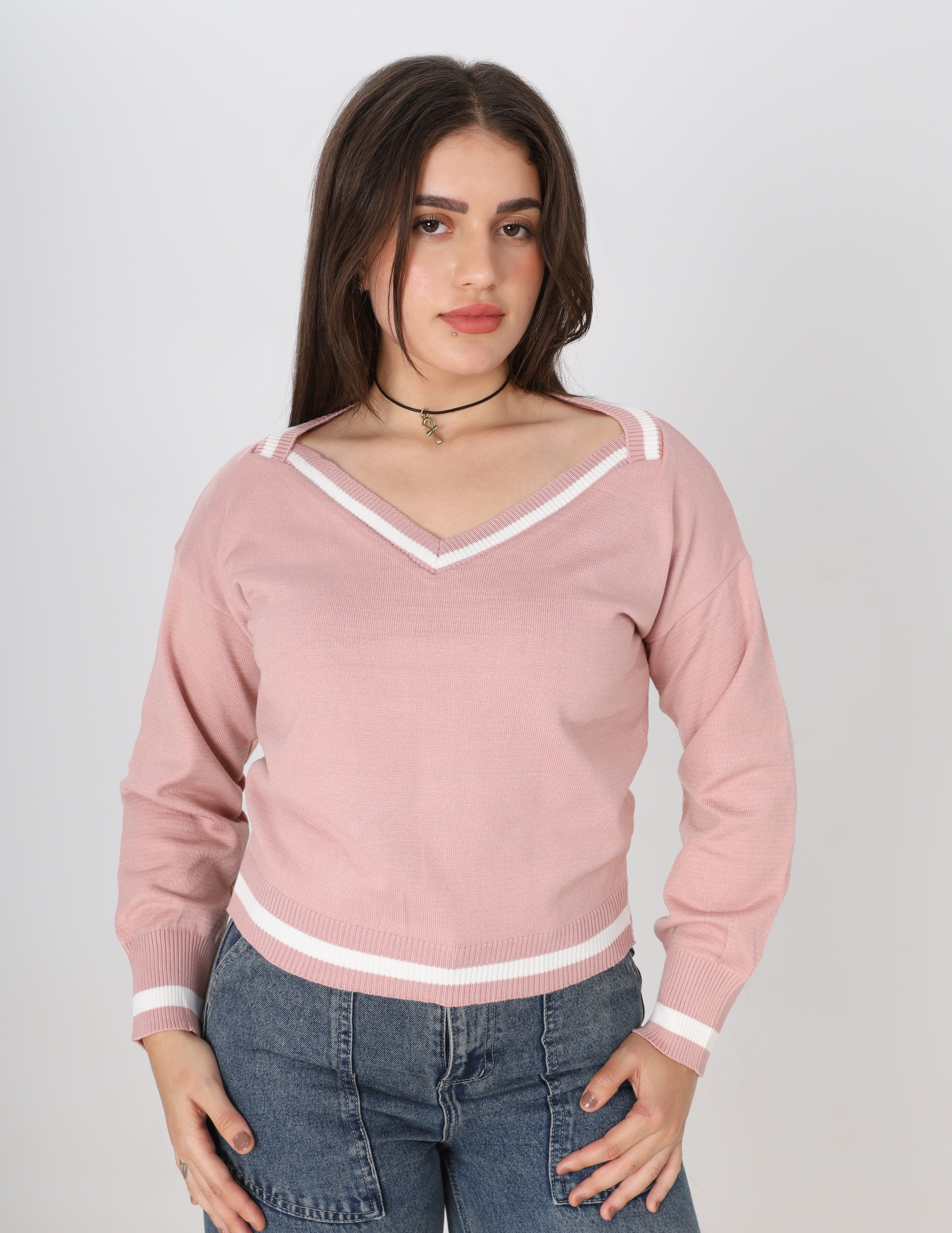 Contrast V_ Neck Sweater w16252748