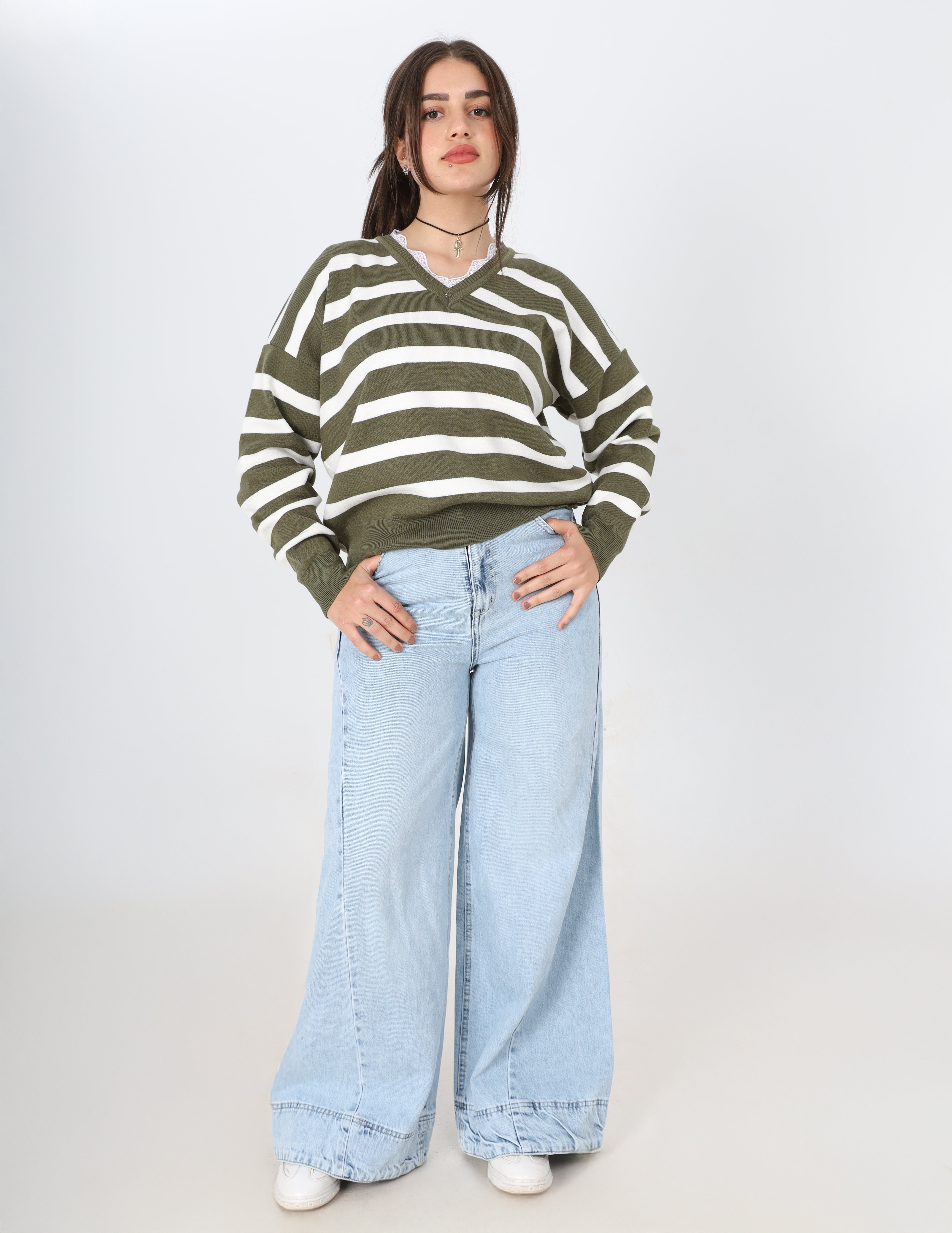 Striped Knit Sweater with Lace V-Neck w16252765