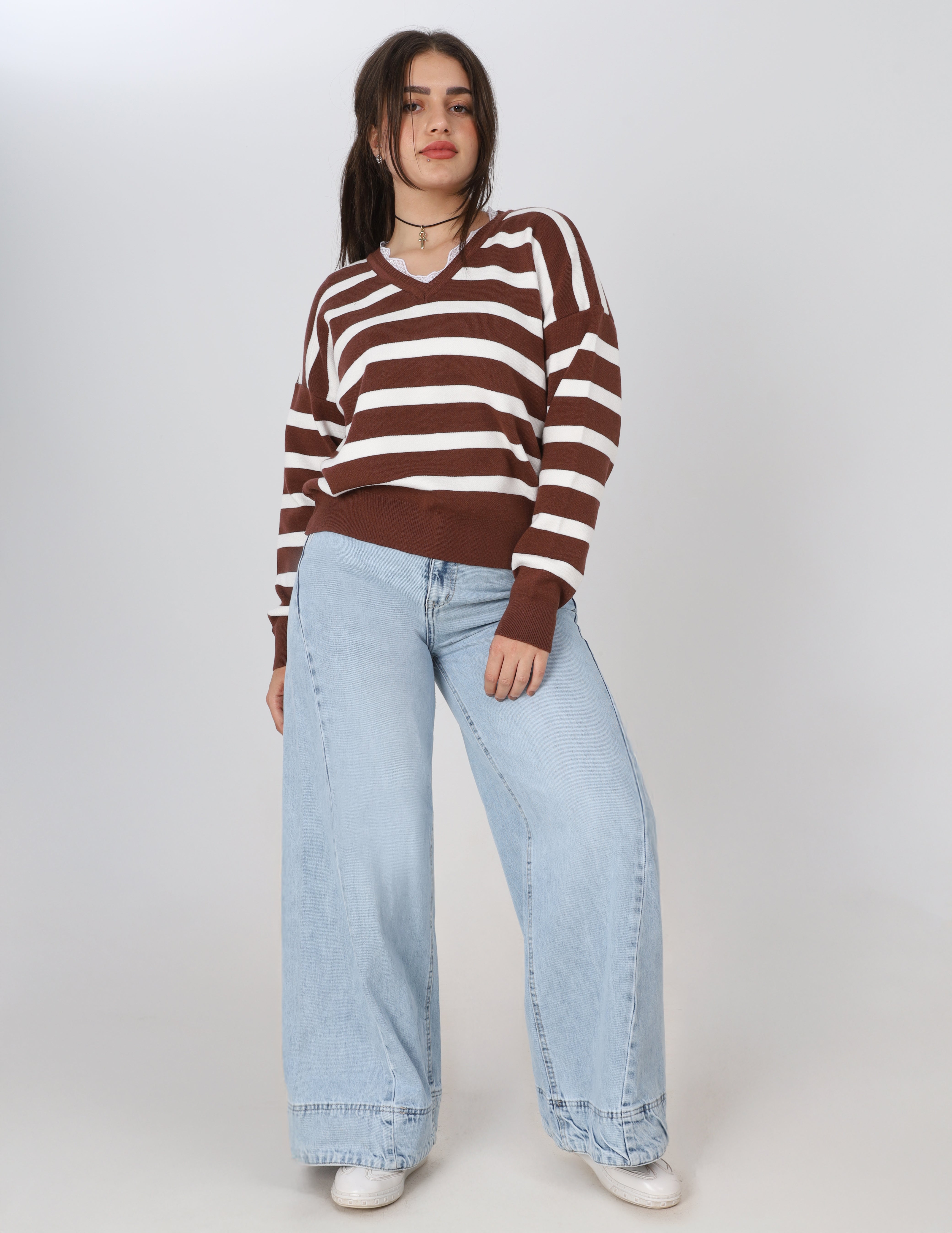 Striped Knit Sweater with Lace V-Neck w16252765