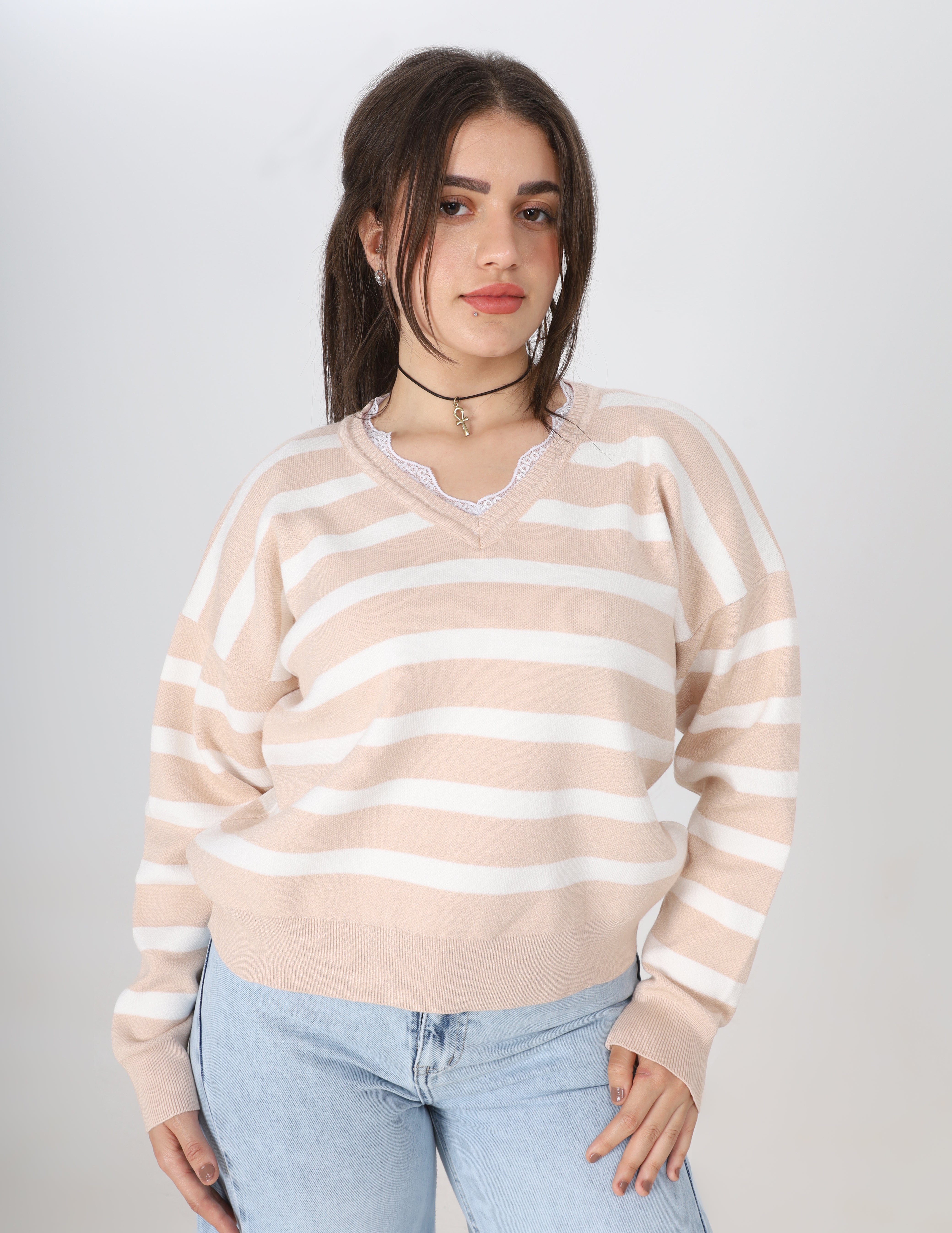 Striped Knit Sweater with Lace V-Neck w16252765
