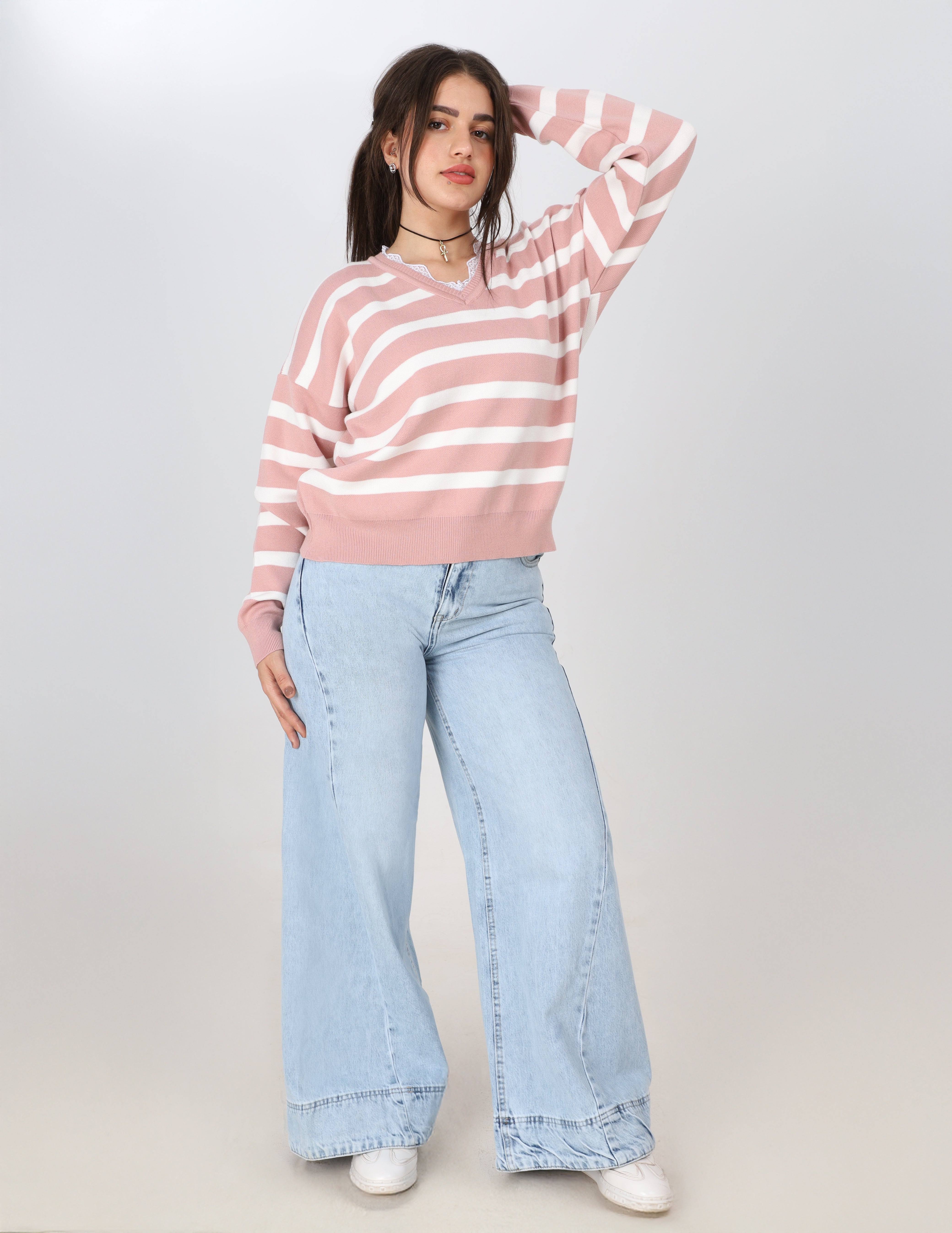 Striped Knit Sweater with Lace V-Neck w16252765