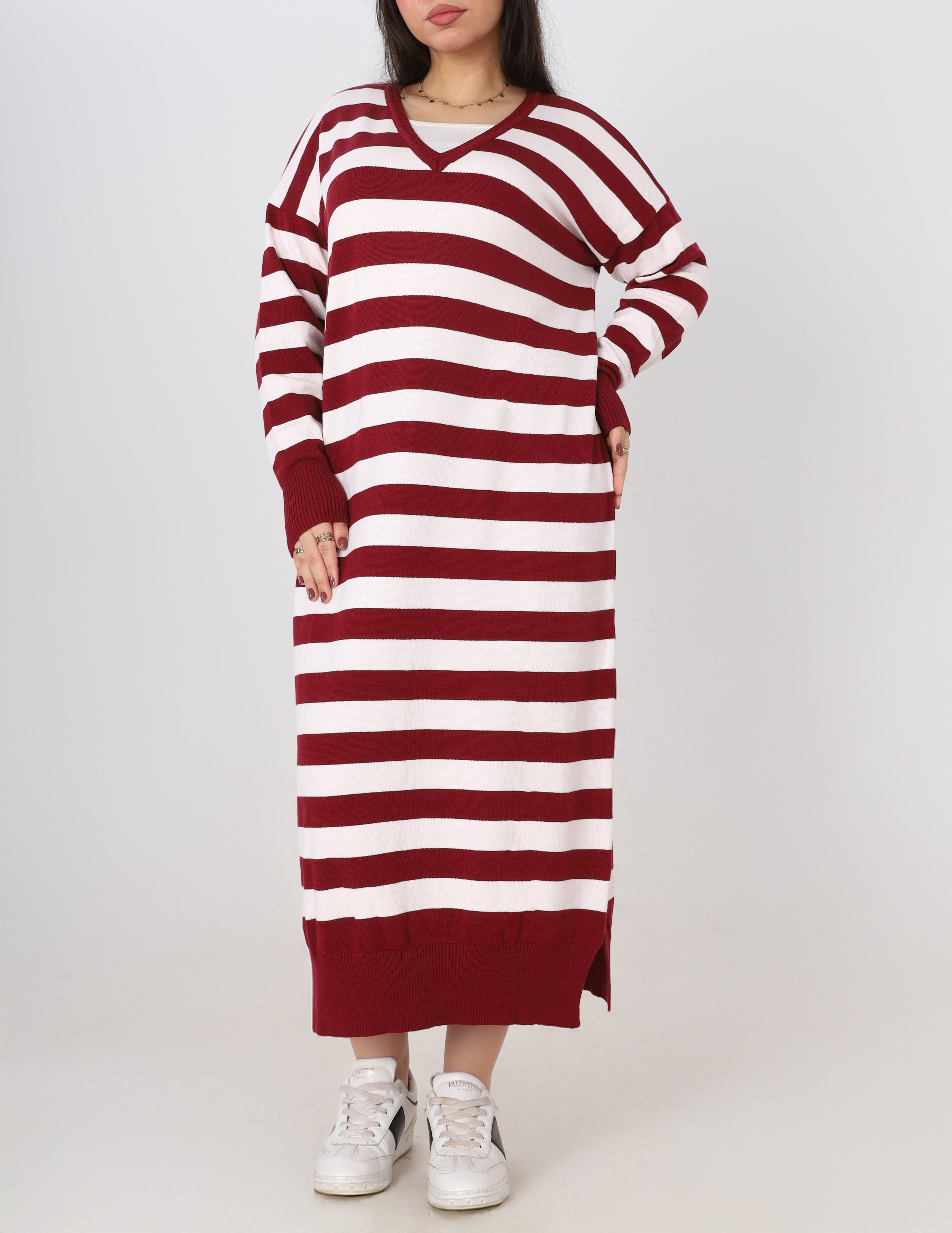 Striped Long V-Neck Dress w16252767