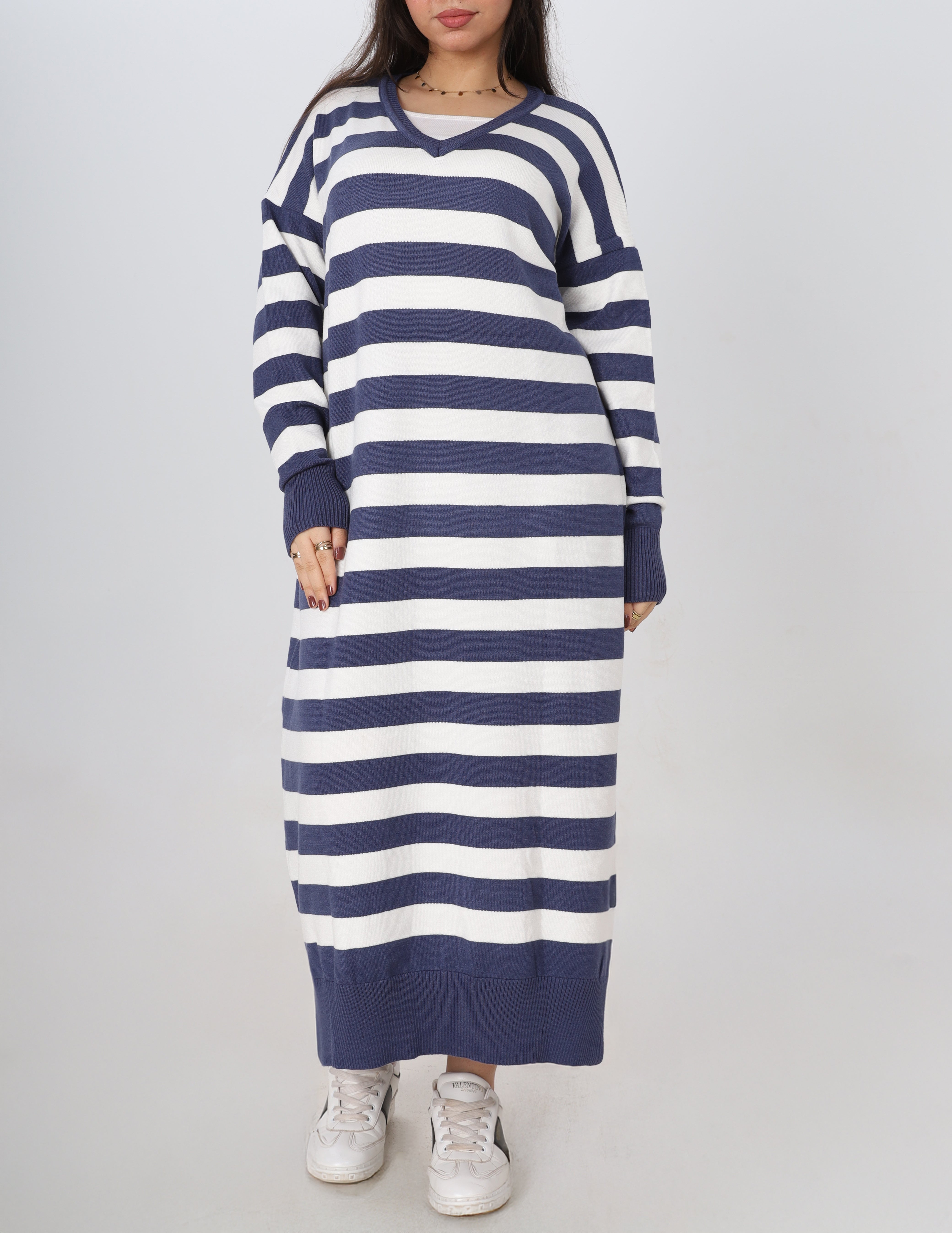 Striped Long V-Neck Dress w16252767