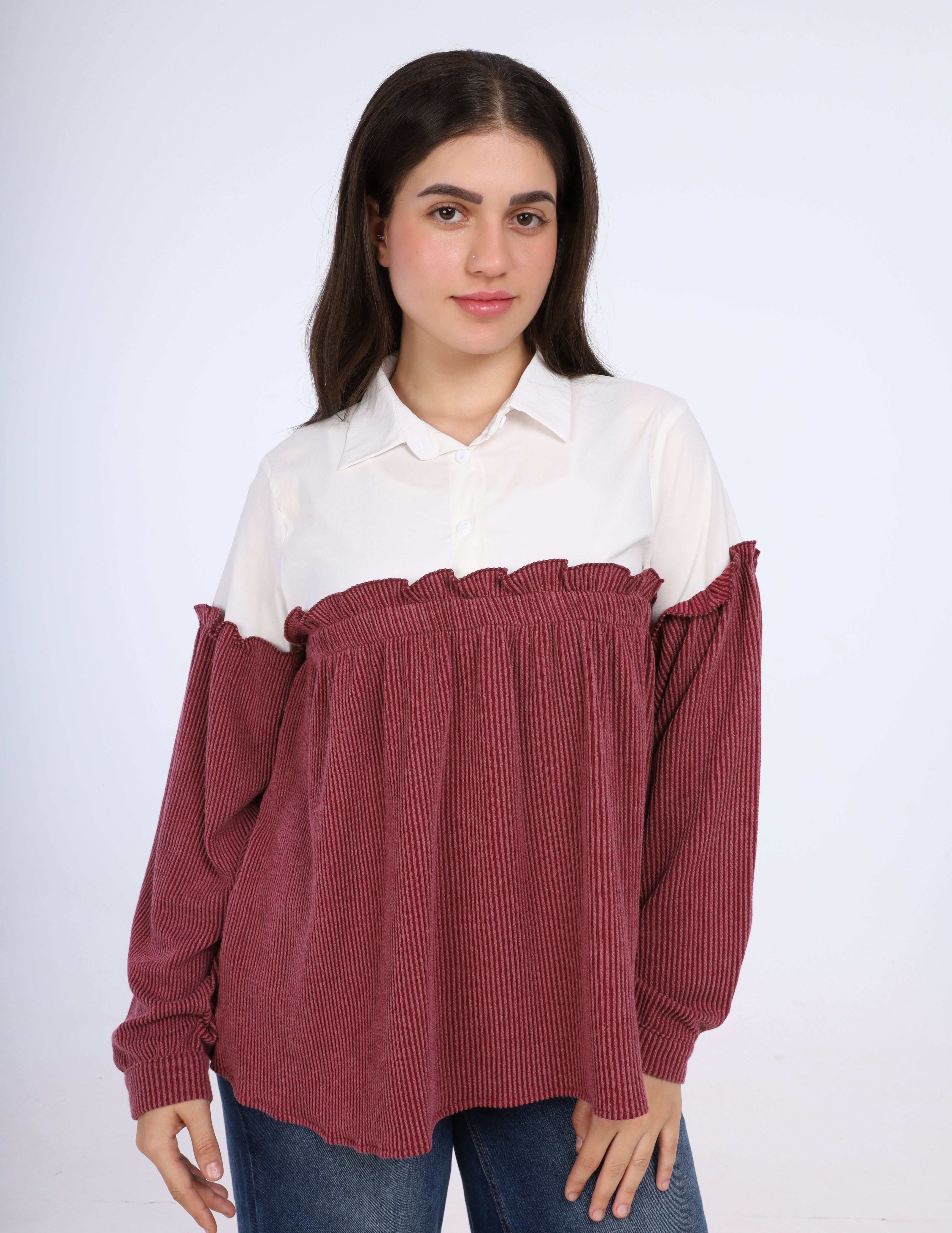 Ruffle Seam Contrast Blouse w1626112