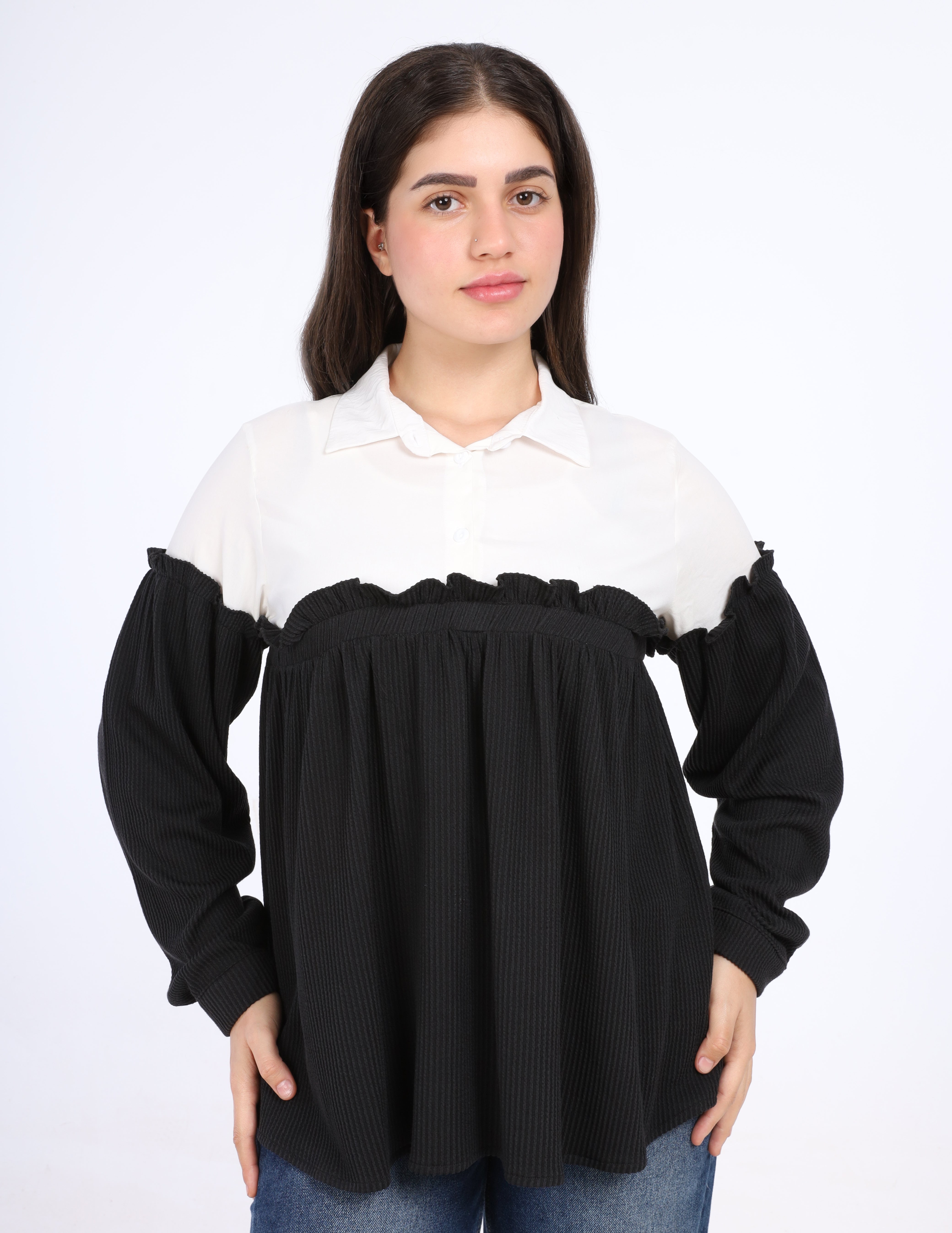Ruffle Seam Contrast Blouse w1626112