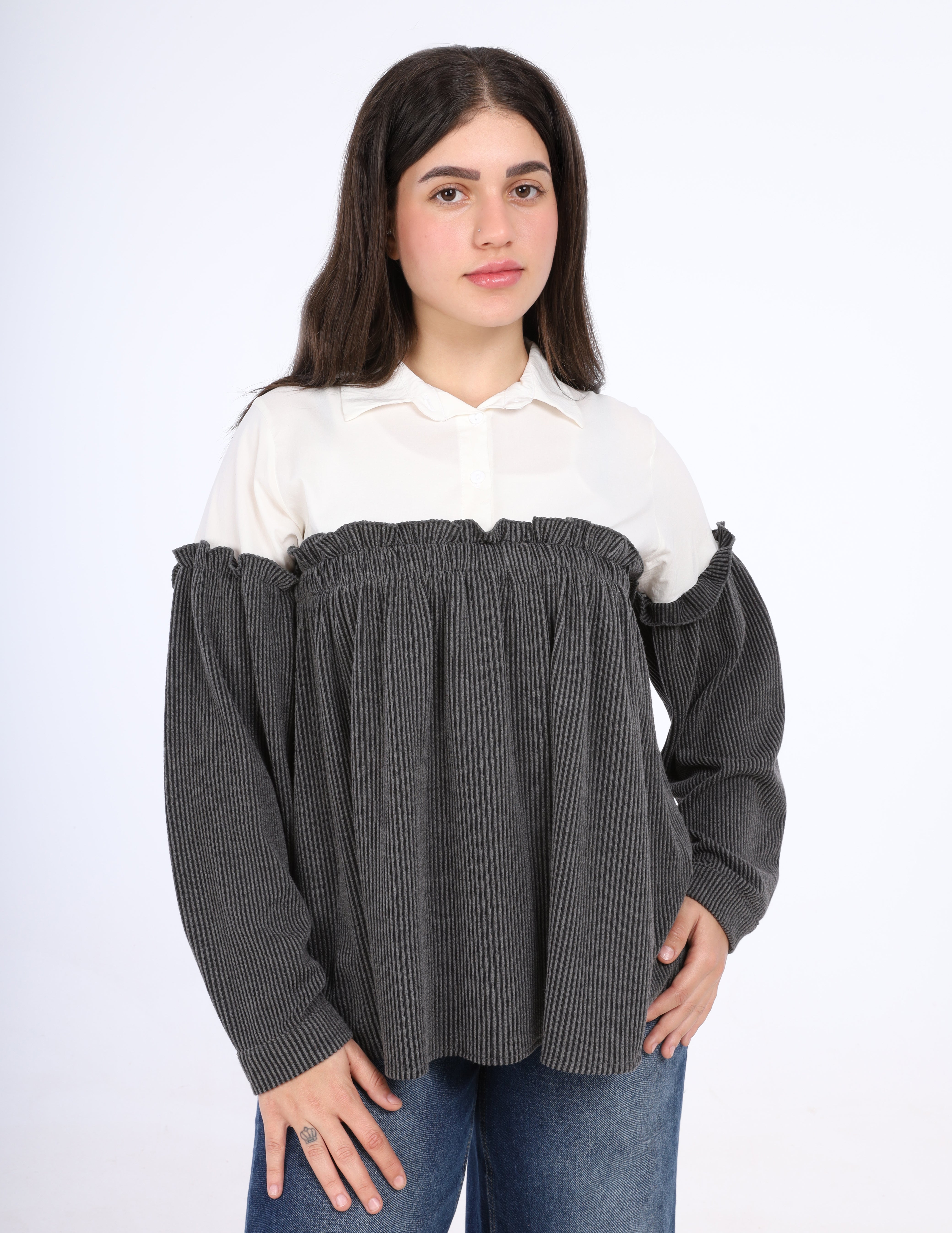 Ruffle Seam Contrast Blouse w1626112