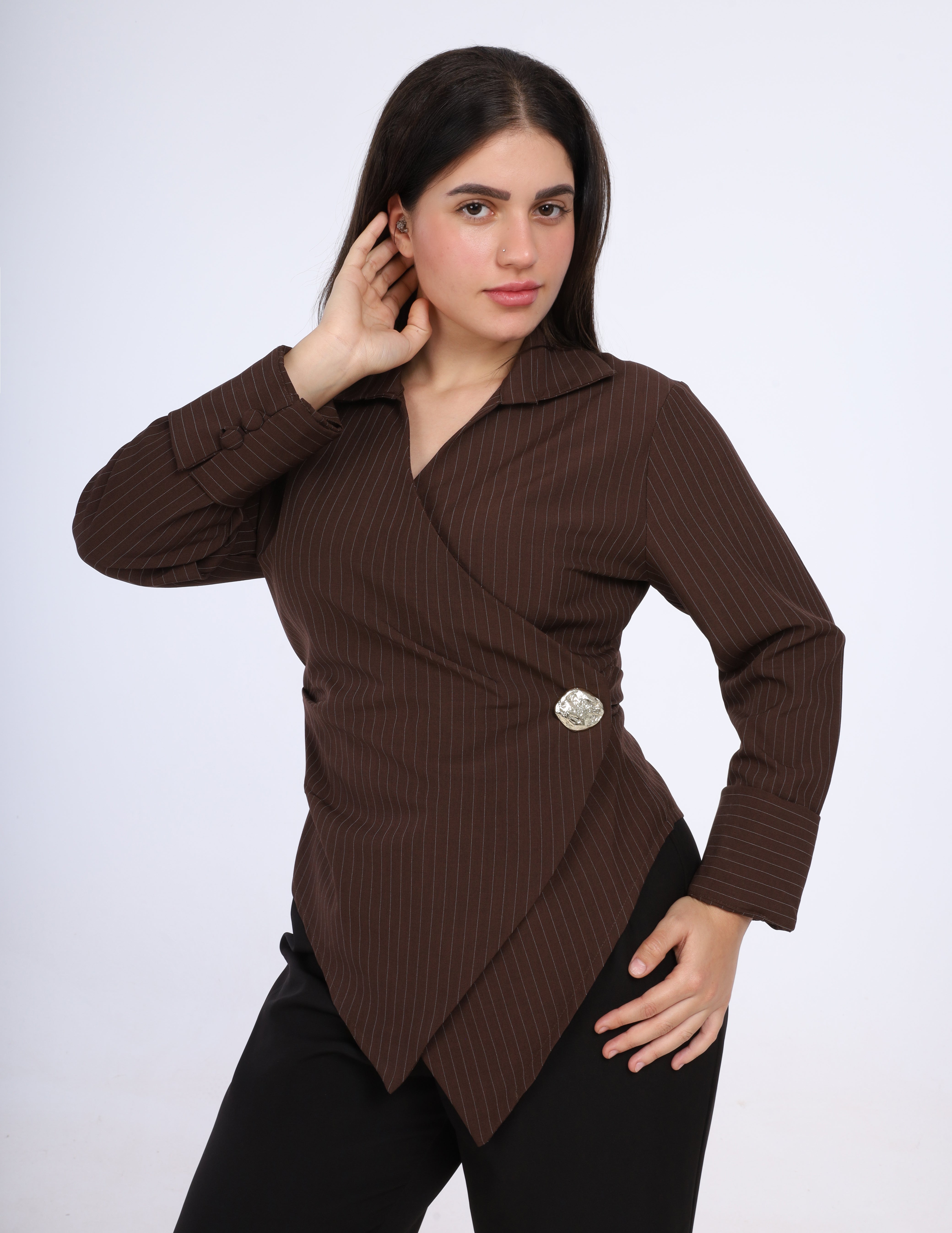 Pinstriped Wrap Blouse w1626175
