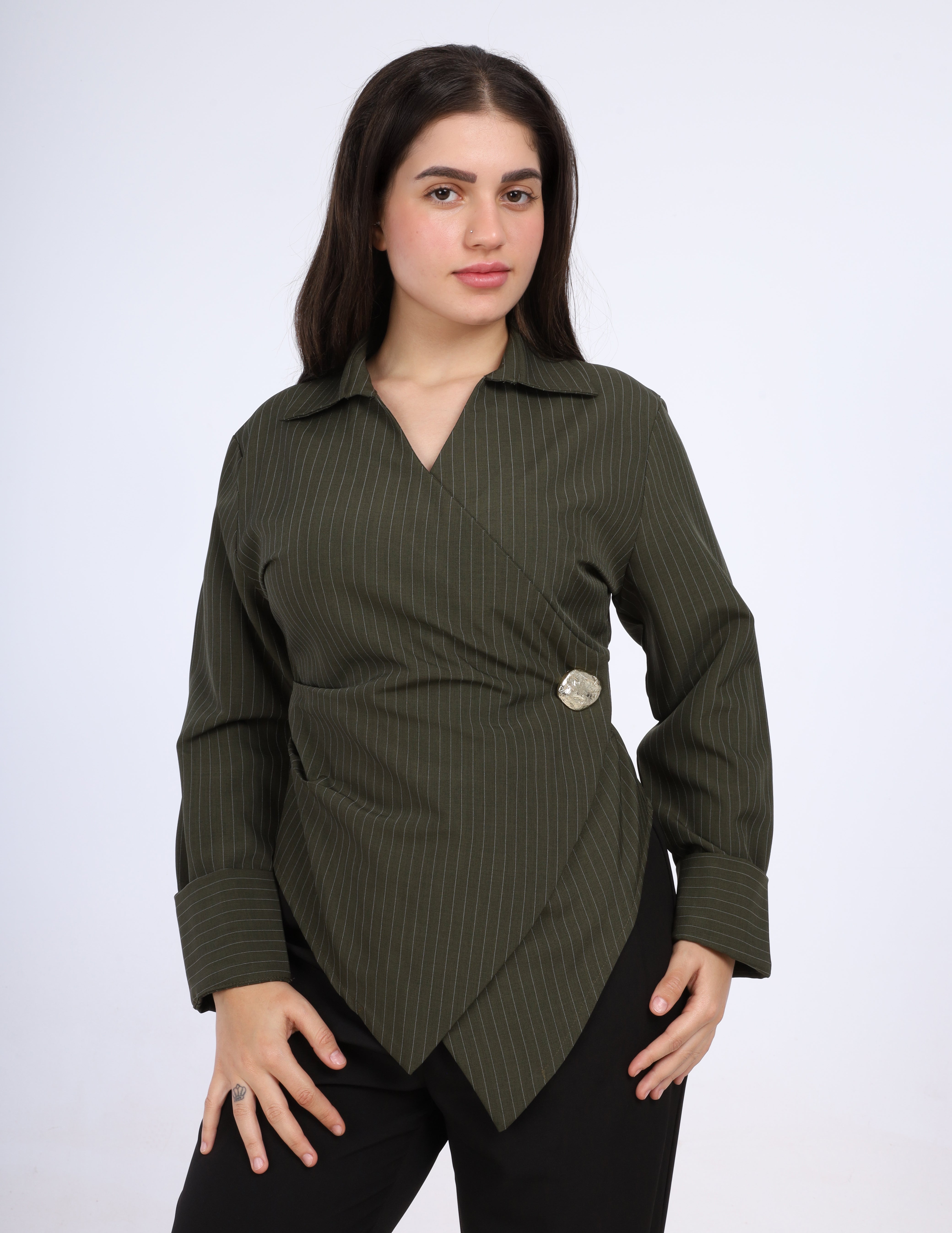 Pinstriped Wrap Blouse w1626175
