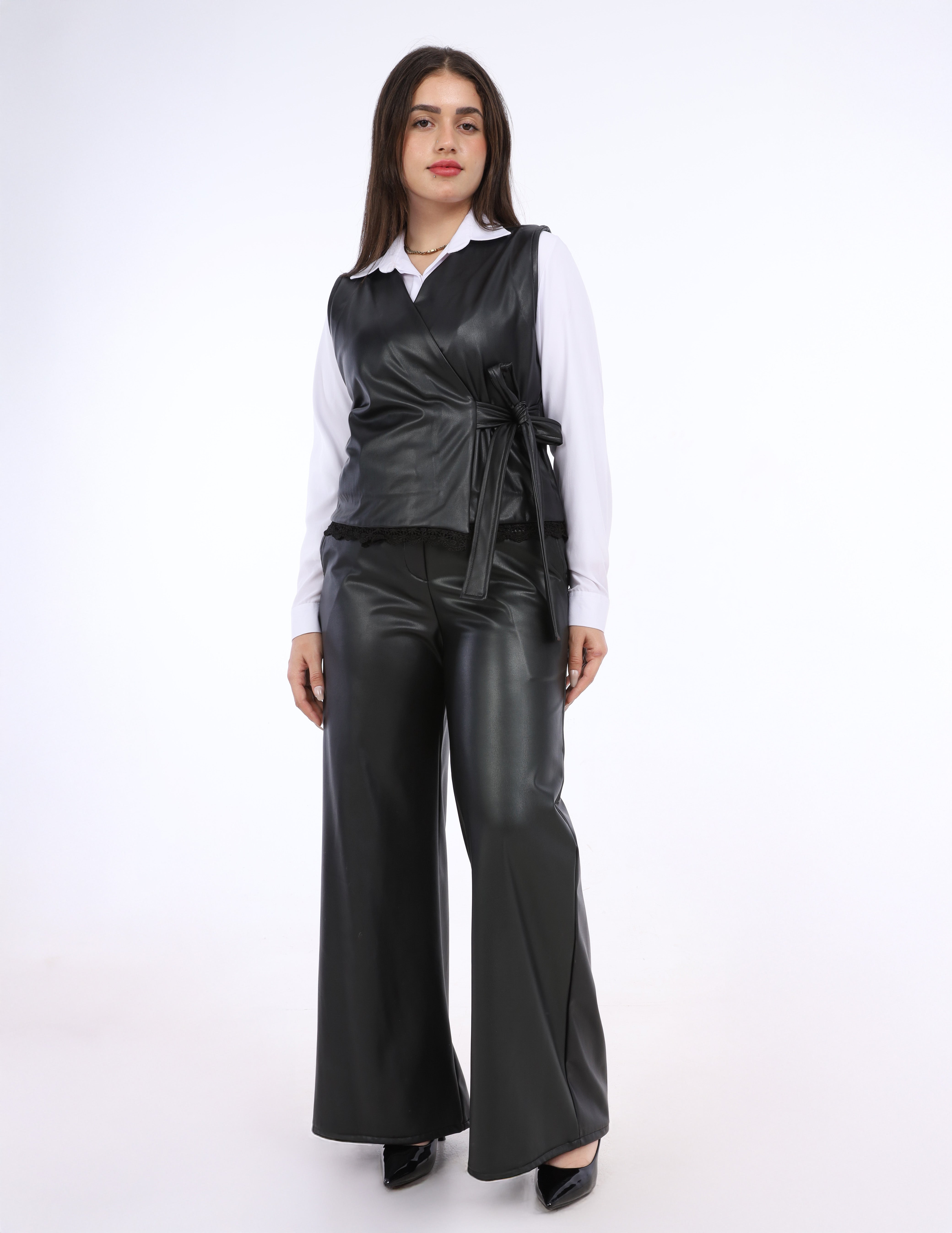 Leather Wrap Vest & Wide-Leg Pants Suit w162641