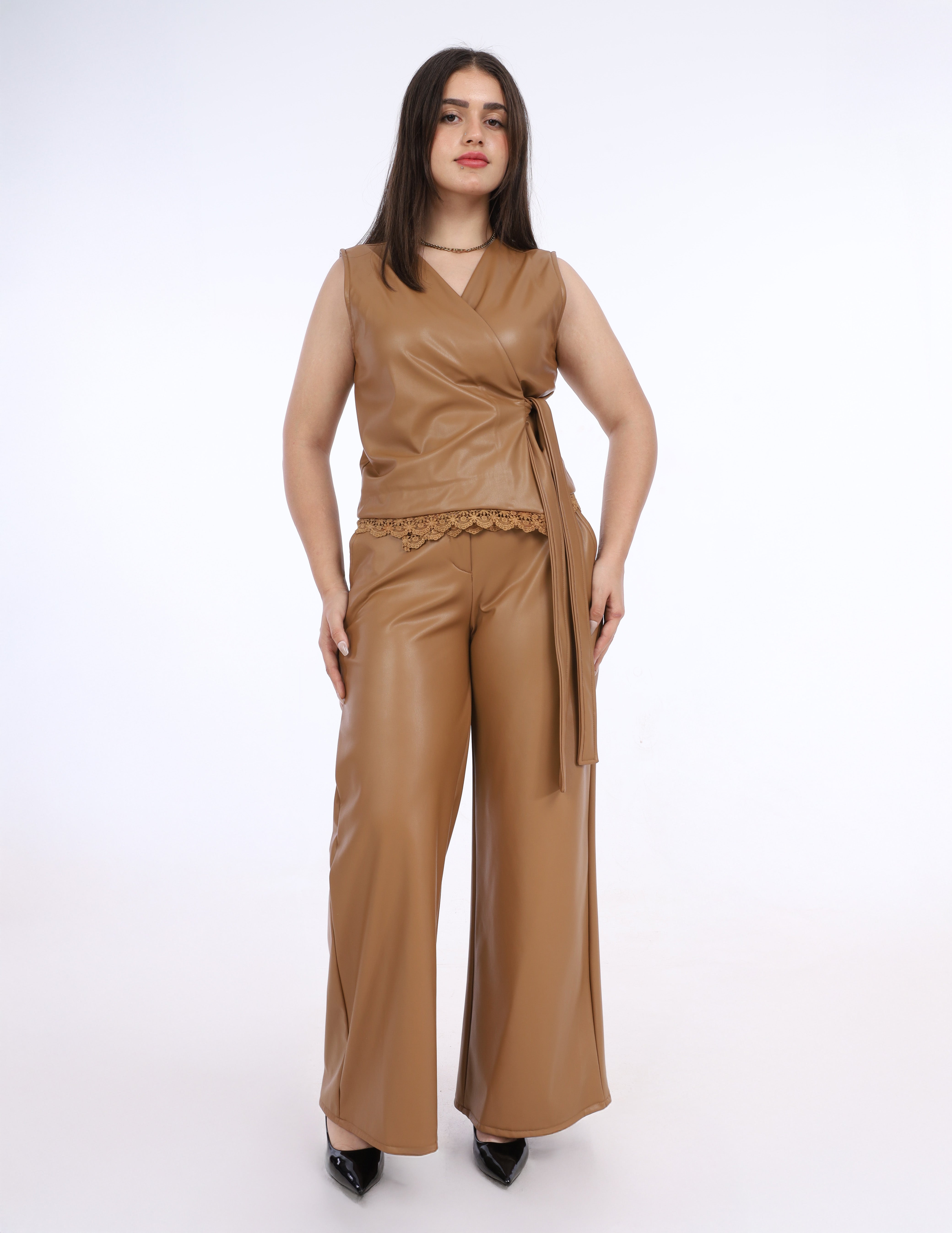 Leather Wrap Vest & Wide-Leg Pants Suit w162641