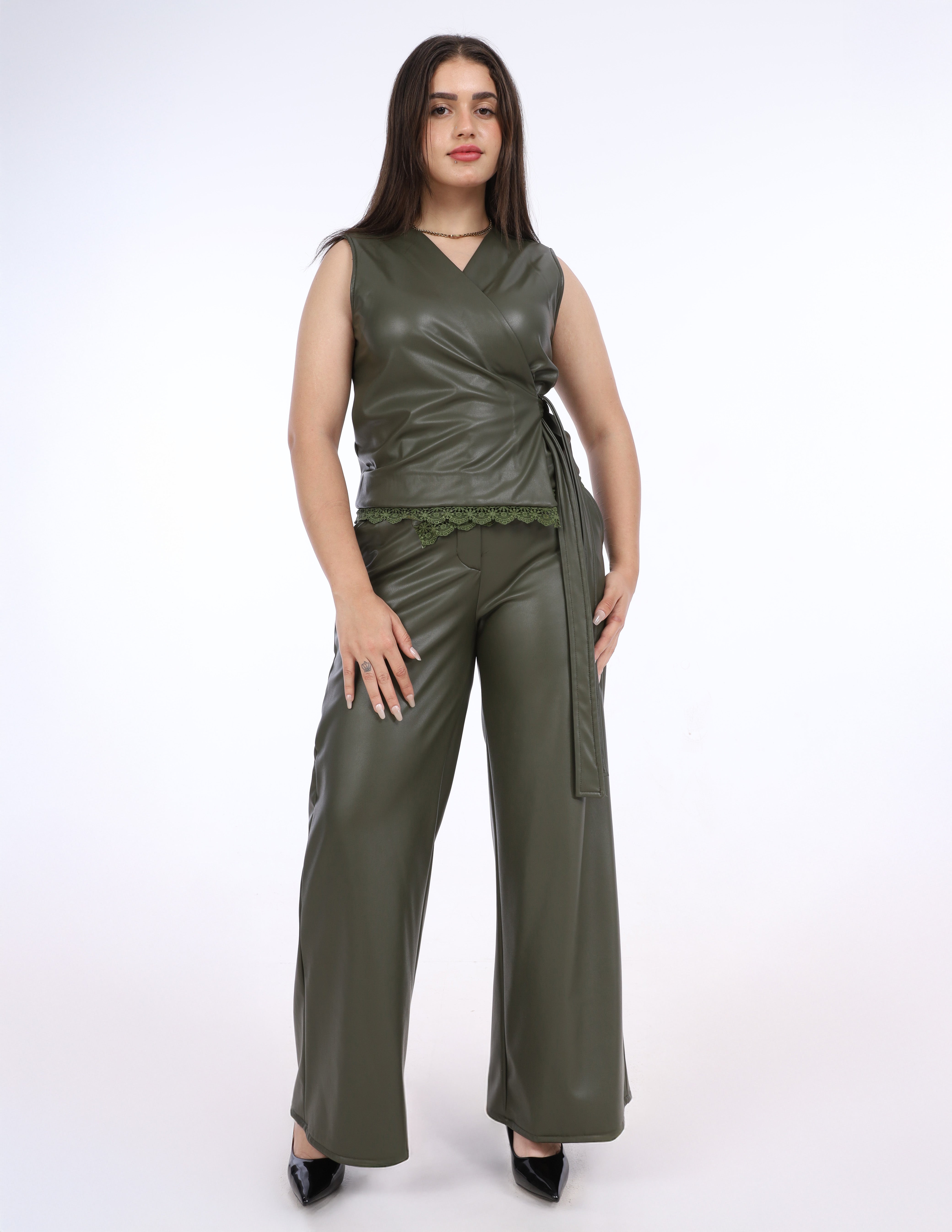 Leather Wrap Vest & Wide-Leg Pants Suit w162641