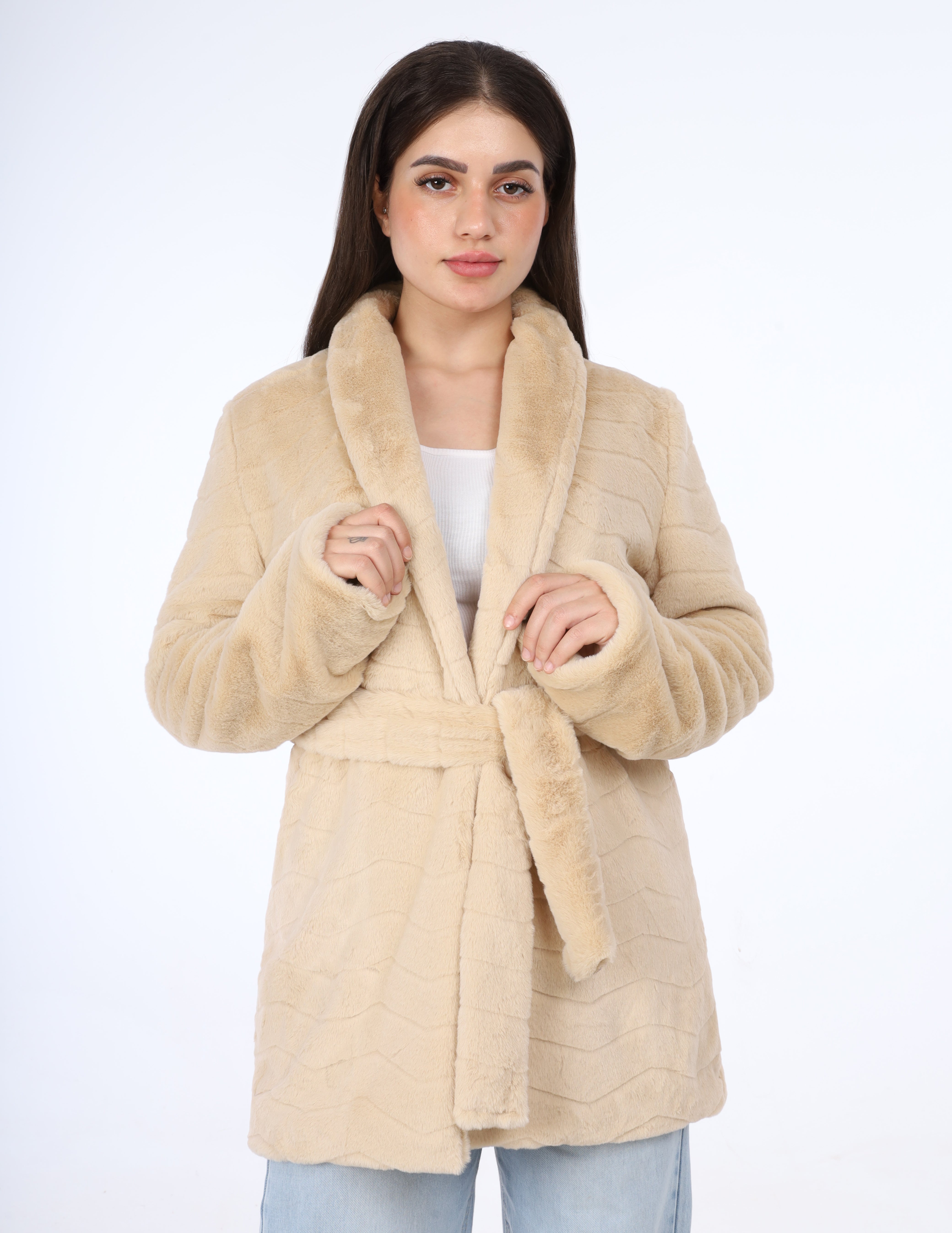 Quilted Faux Fur Belted Jacket w16275