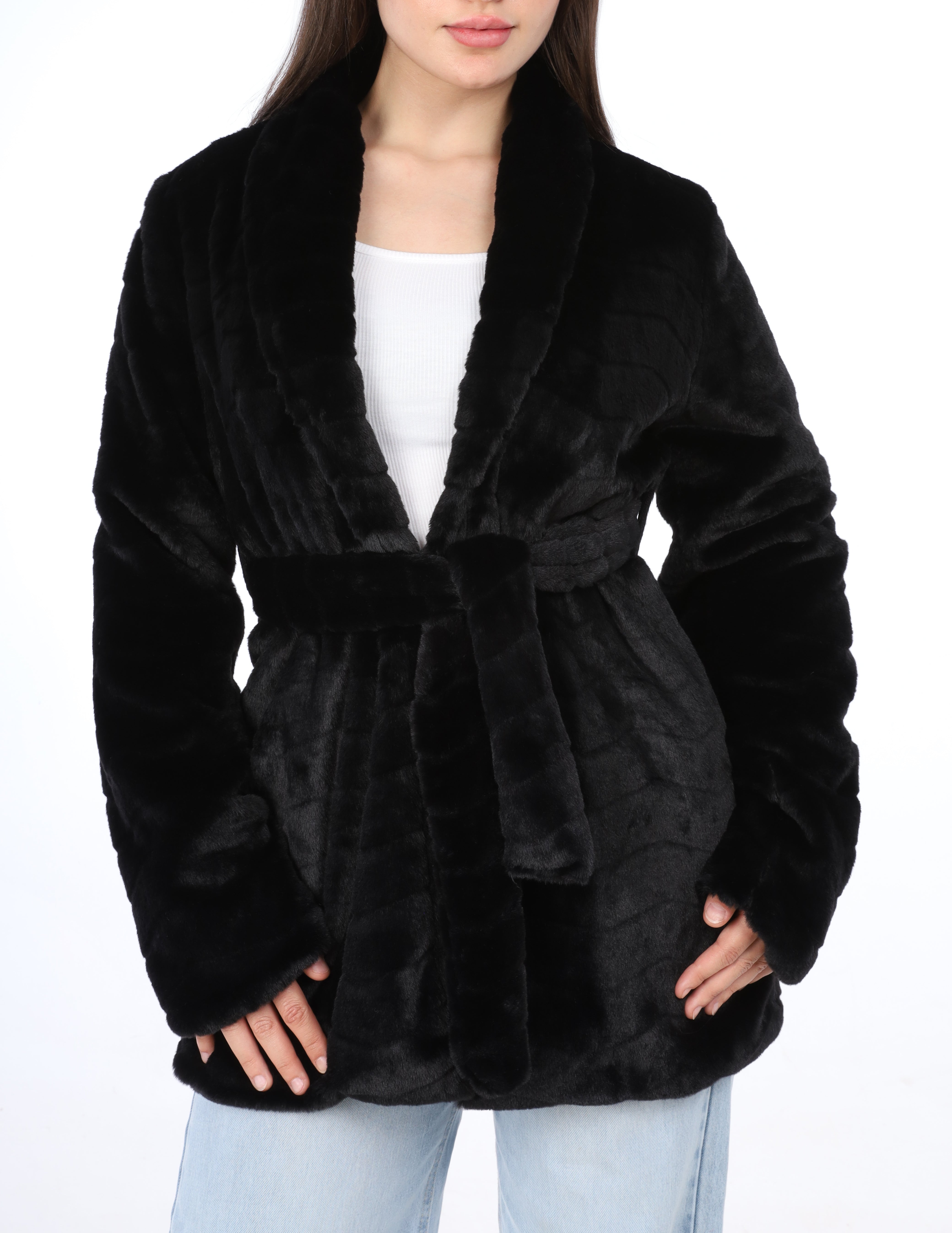 Quilted Faux Fur Belted Jacket w16275