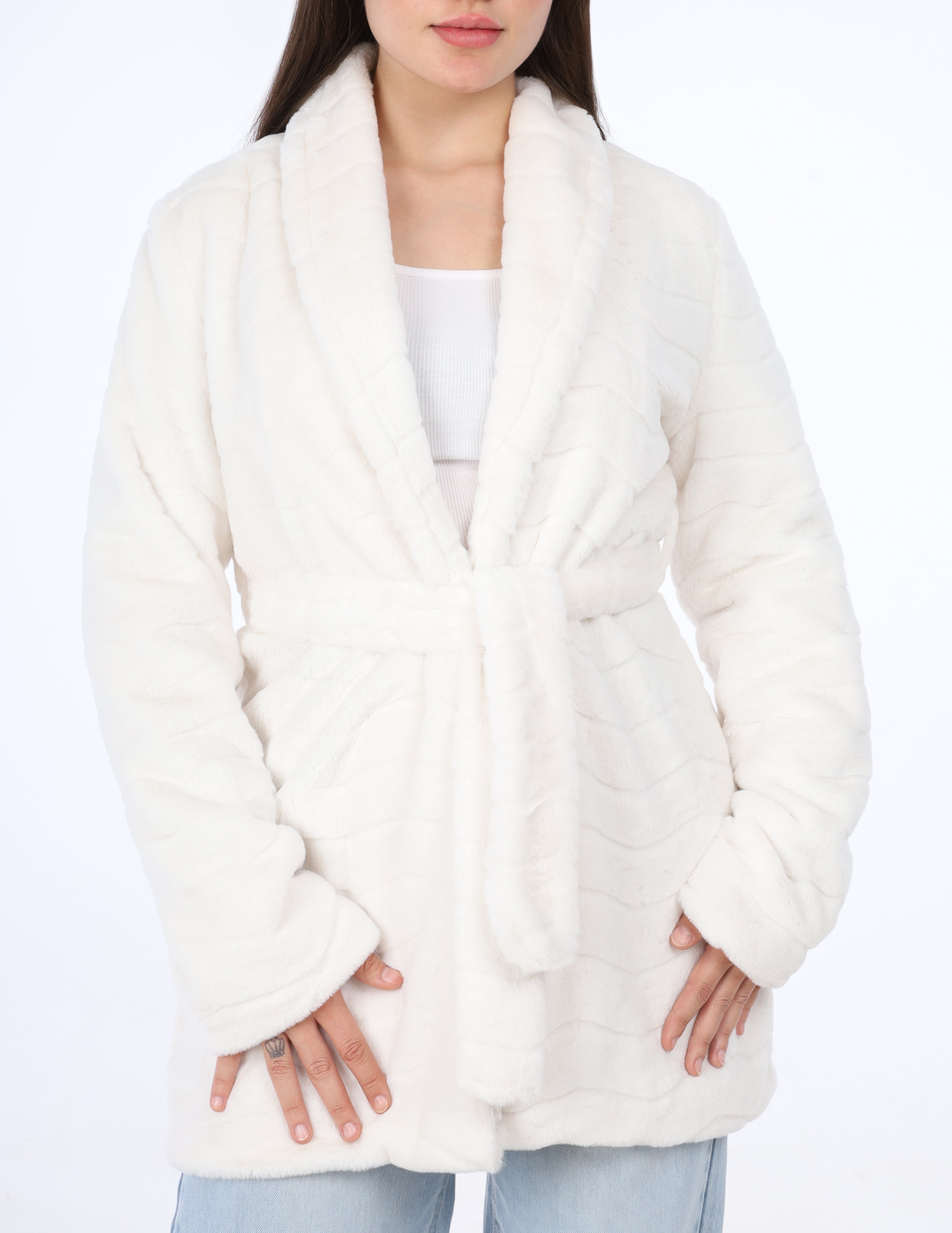 Quilted Faux Fur Belted Jacket w16275