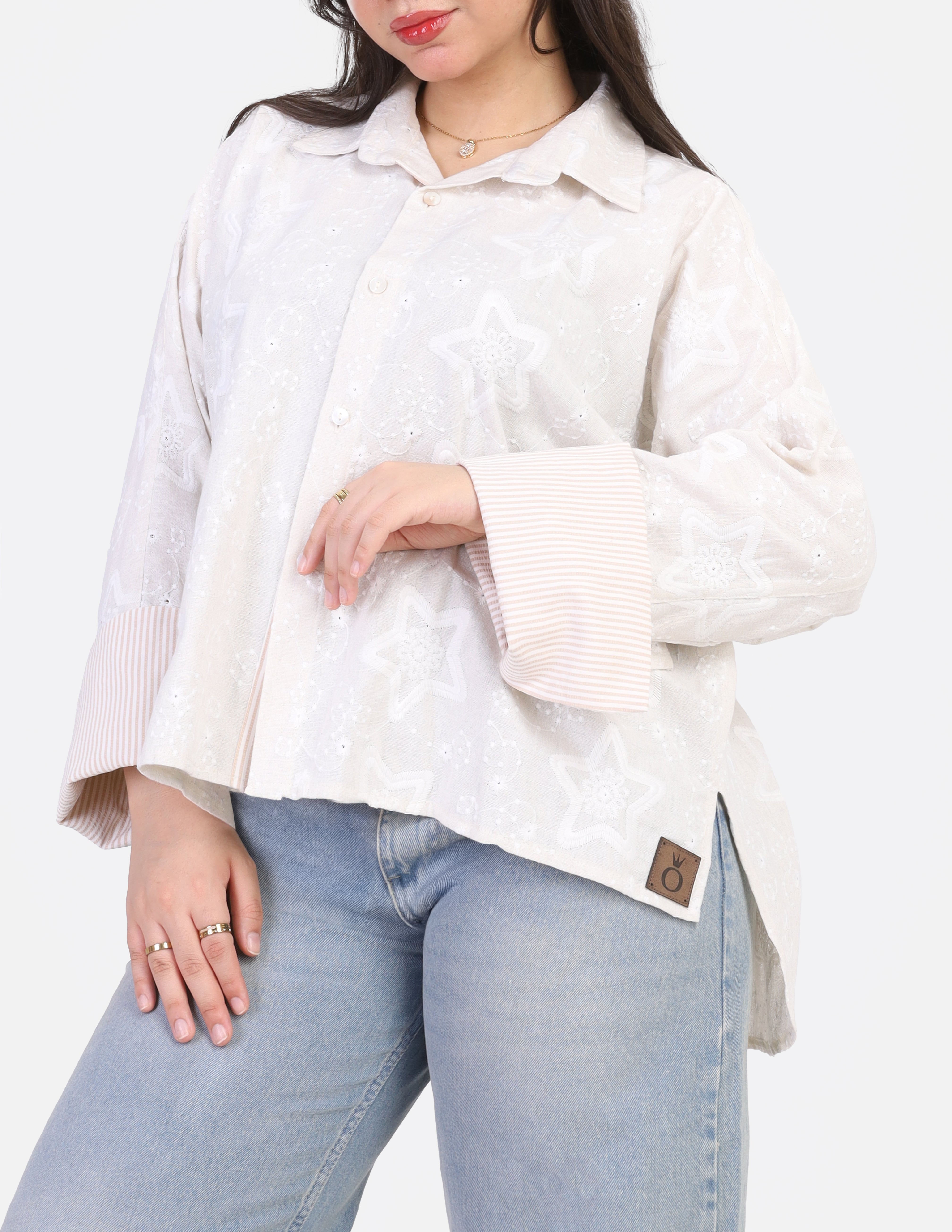 Embroidered Oversized Shirt with Stripped Cuffs 162932/2