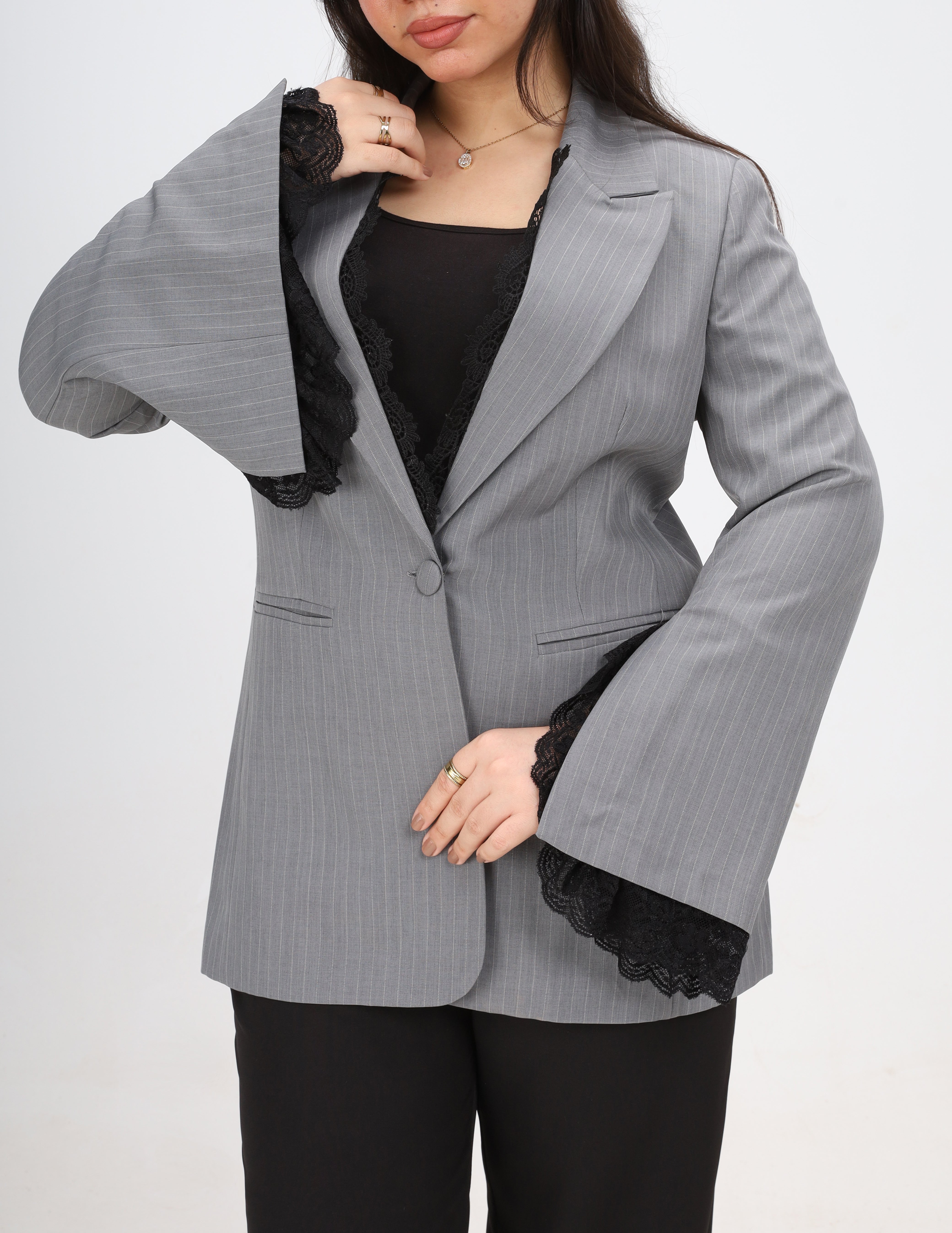 Pinstripe Lace Trim Blazer w162953