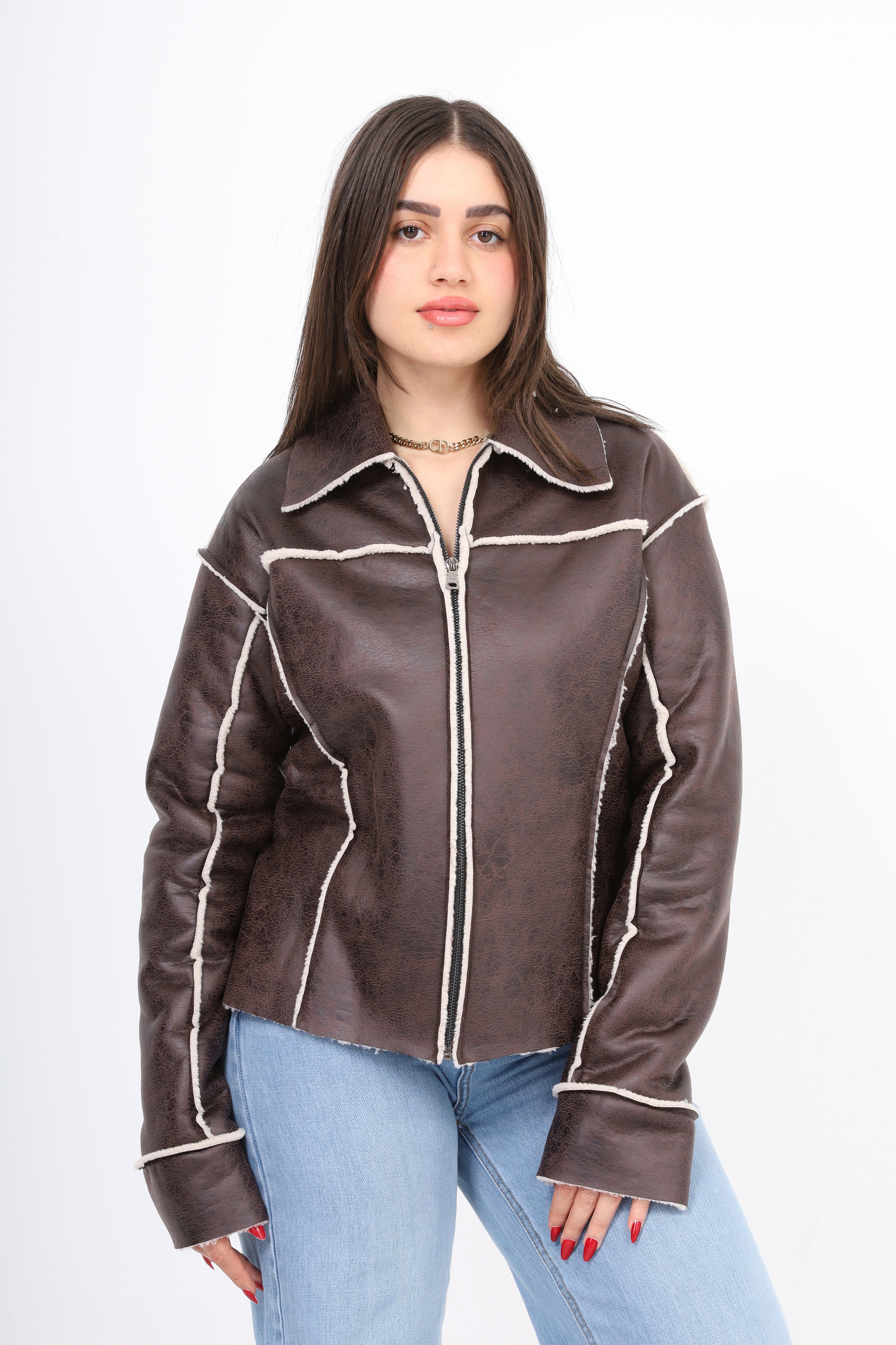 Faux Fur Shearling Jacket With Zipper w1630/284
