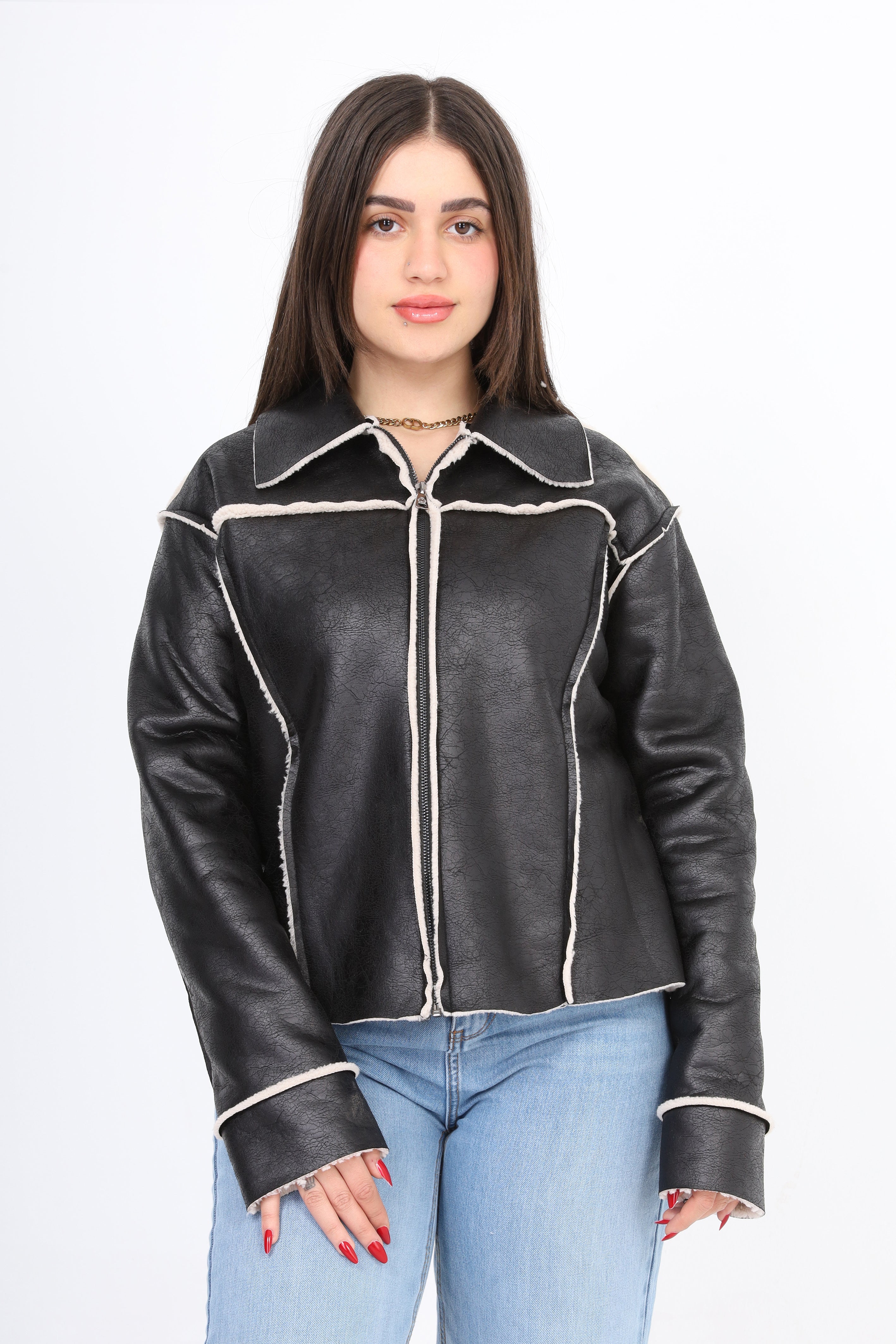 Faux Fur Shearling Jacket With Zipper w1630/284