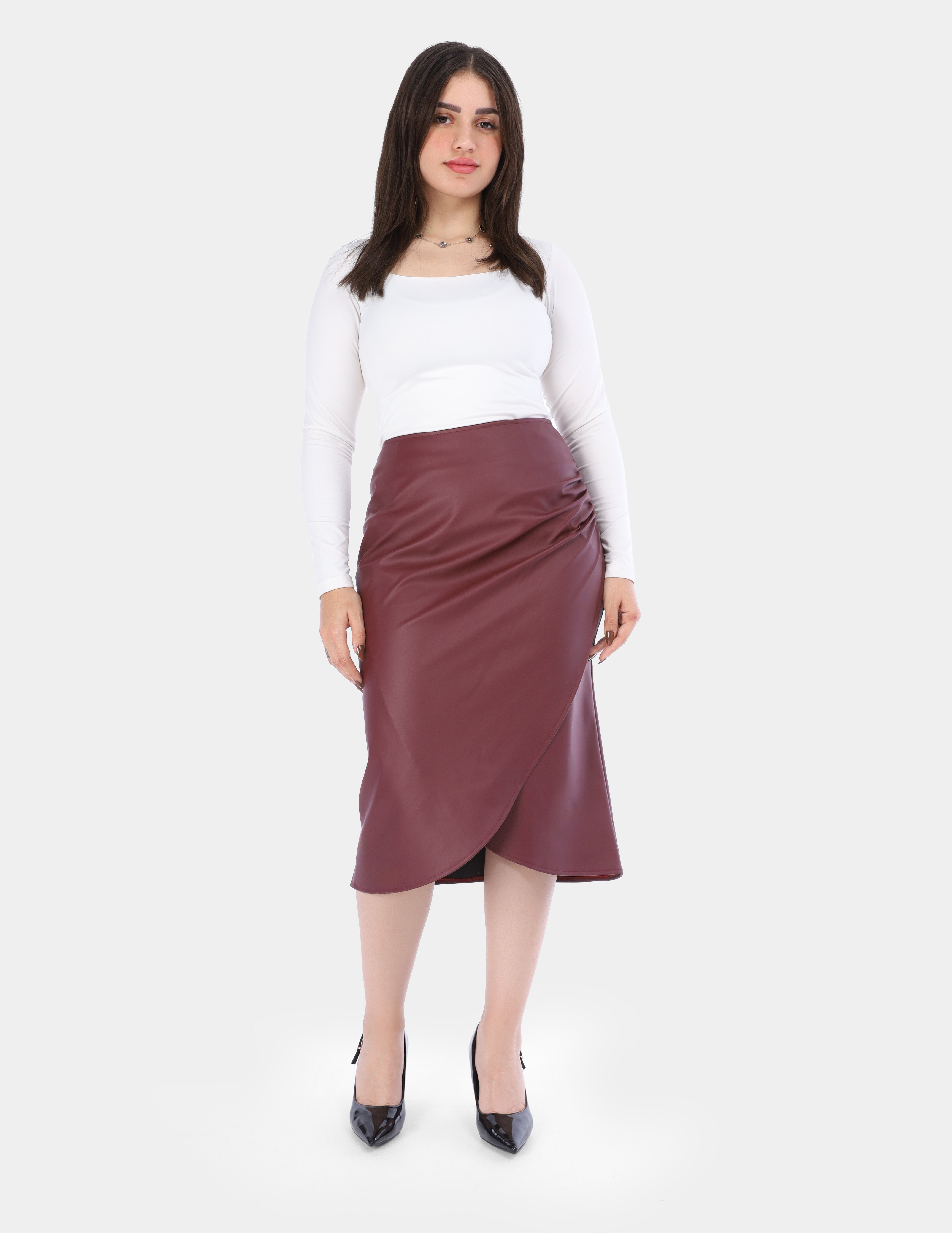 Wrap-Style Faux Leather Midi Skirt w1630/80