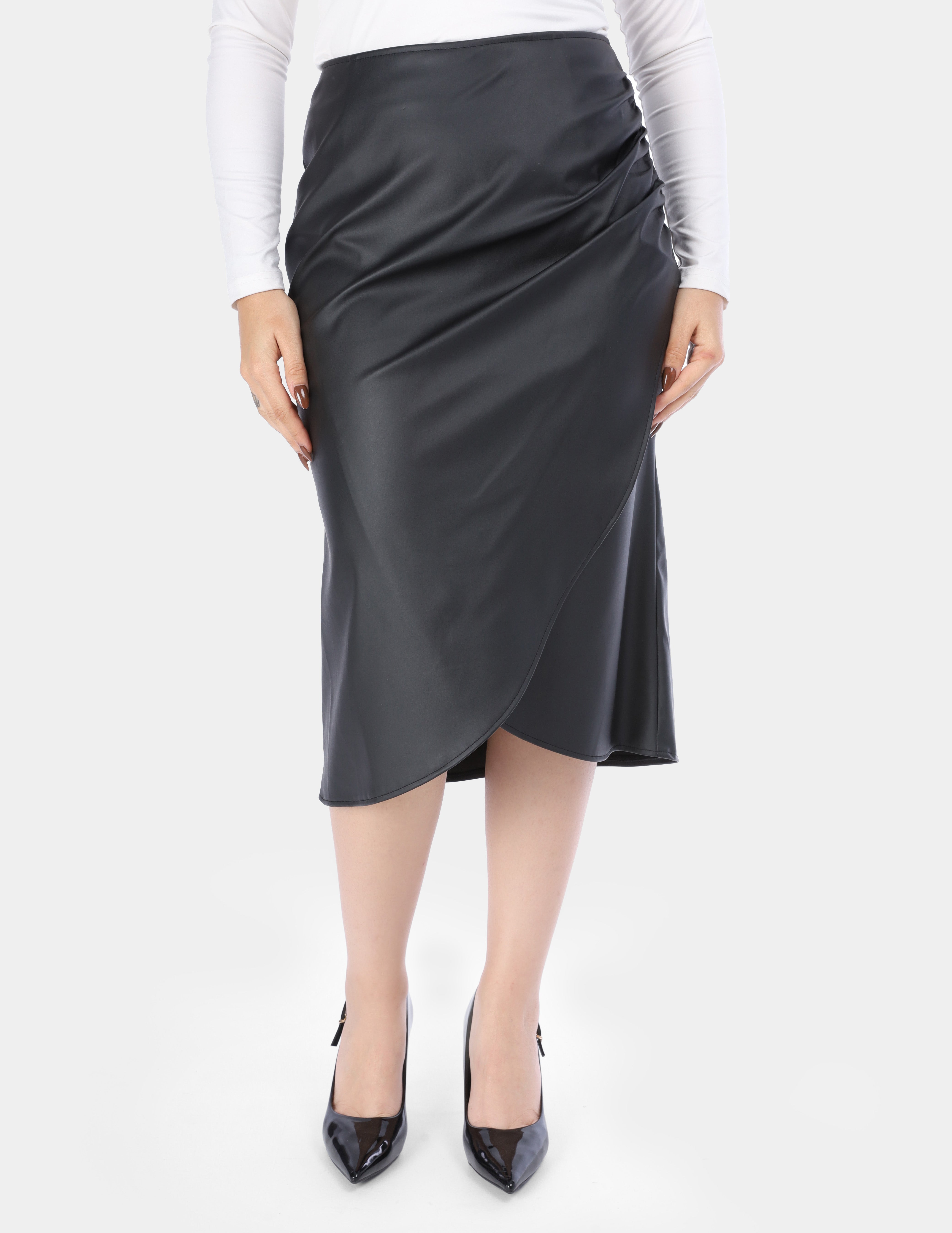 Wrap-Style Faux Leather Midi Skirt w1630/80