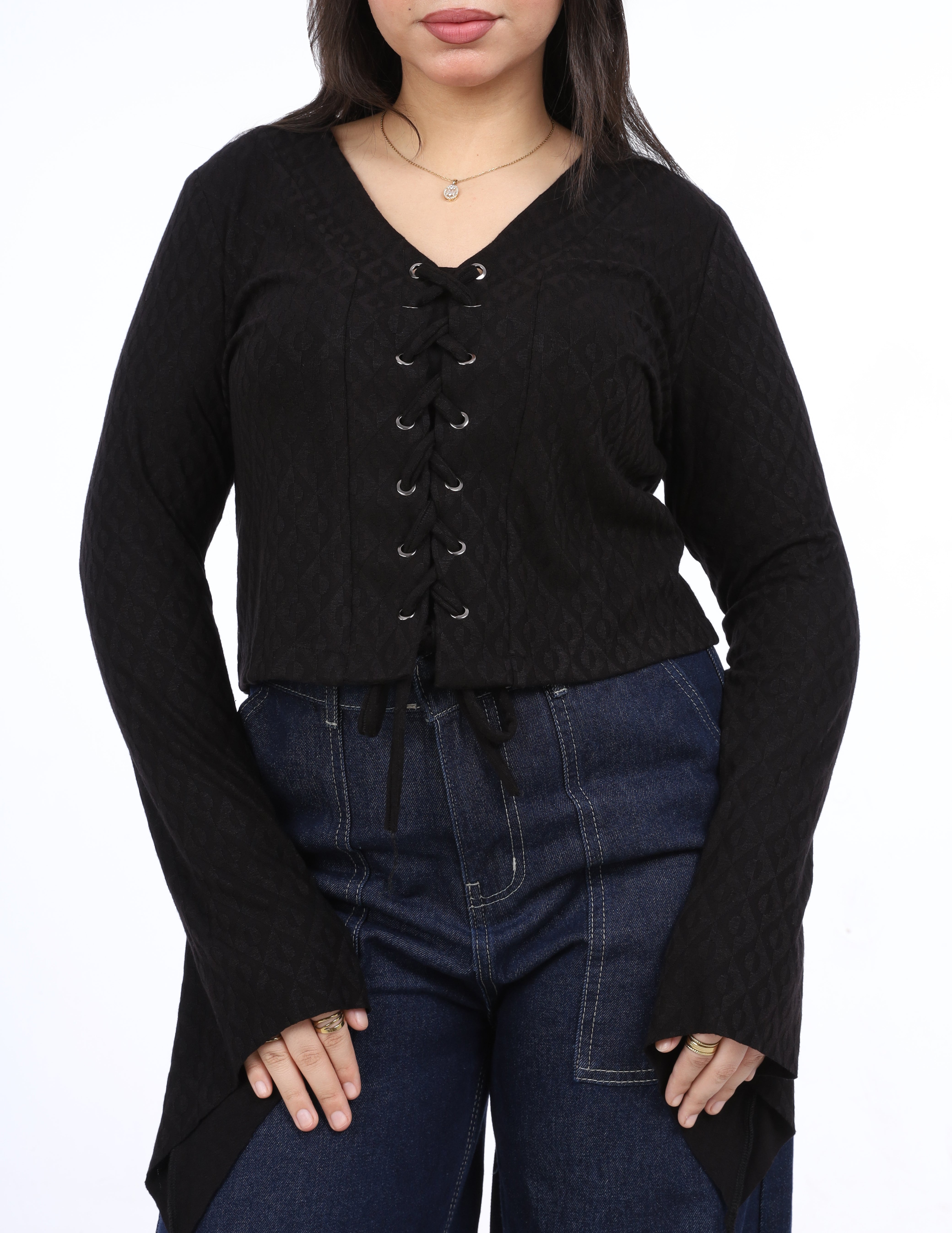 Ruffle Sleeve Top with Front Drawstring w163081/1