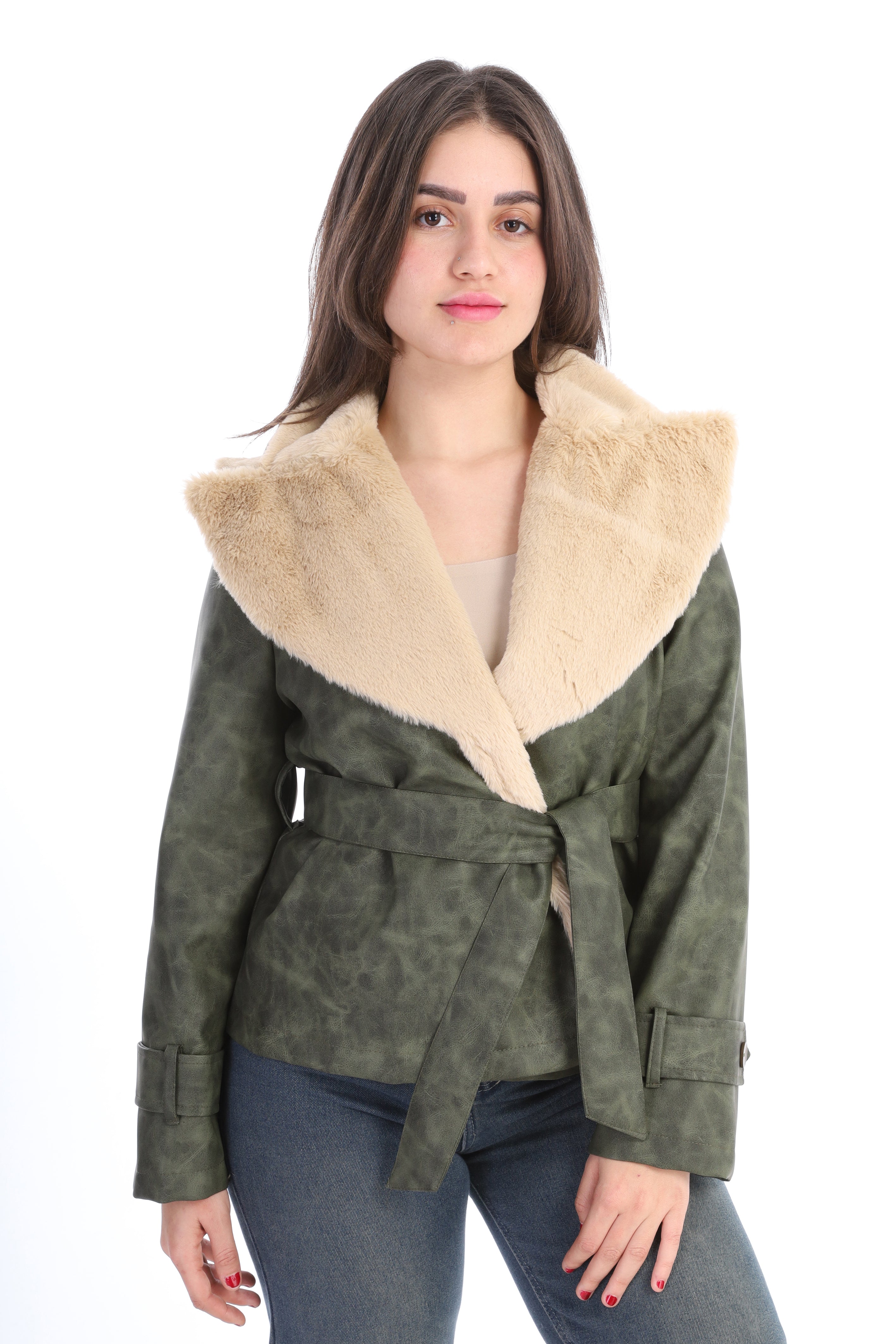 Leather Jacket with Wide Fur Collar w1631/371
