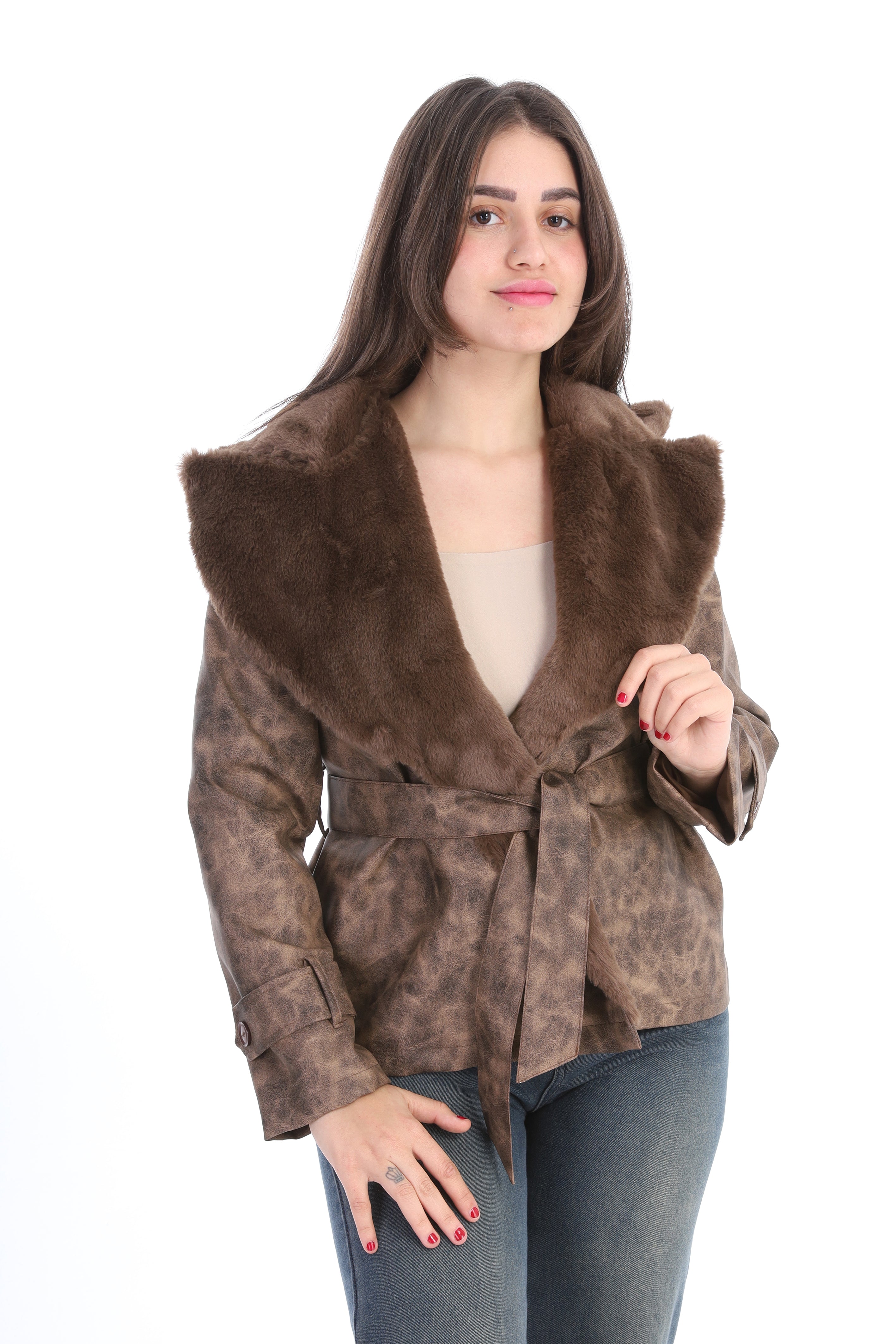 Leather Jacket with Wide Fur Collar w1631/371