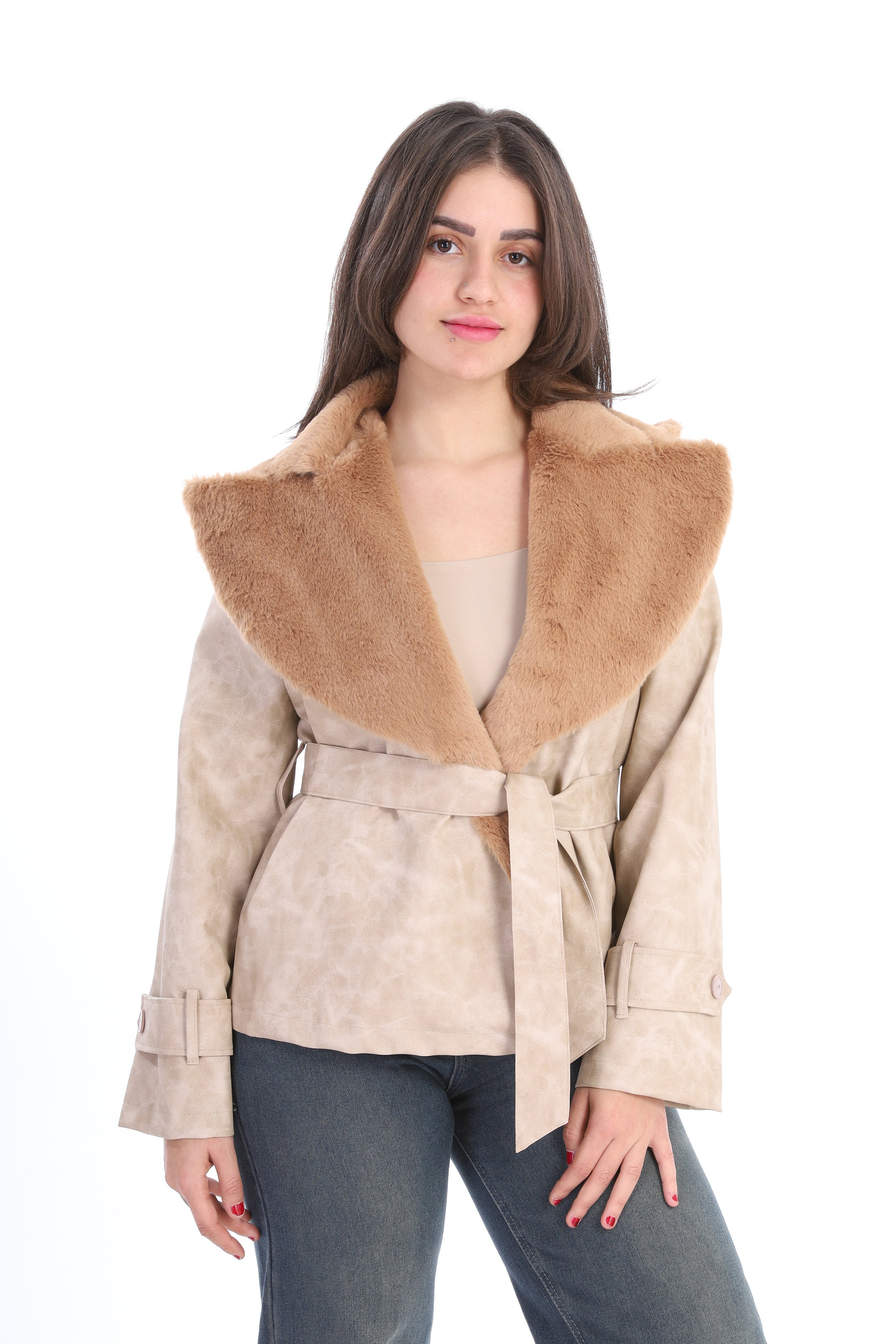 Leather Jacket with Wide Fur Collar w1631/371