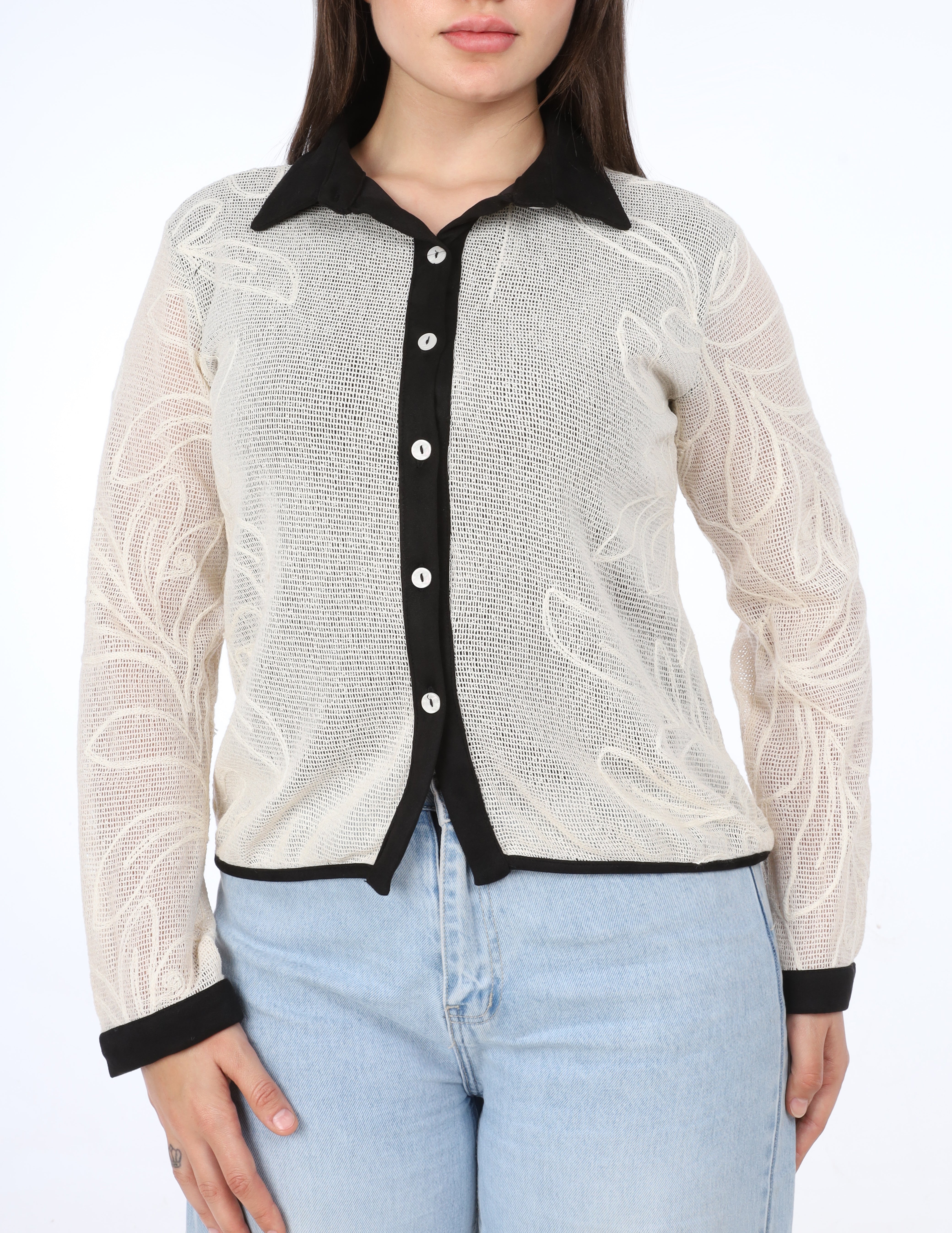 Sheer Embroidered Button-Up Shirt w163113