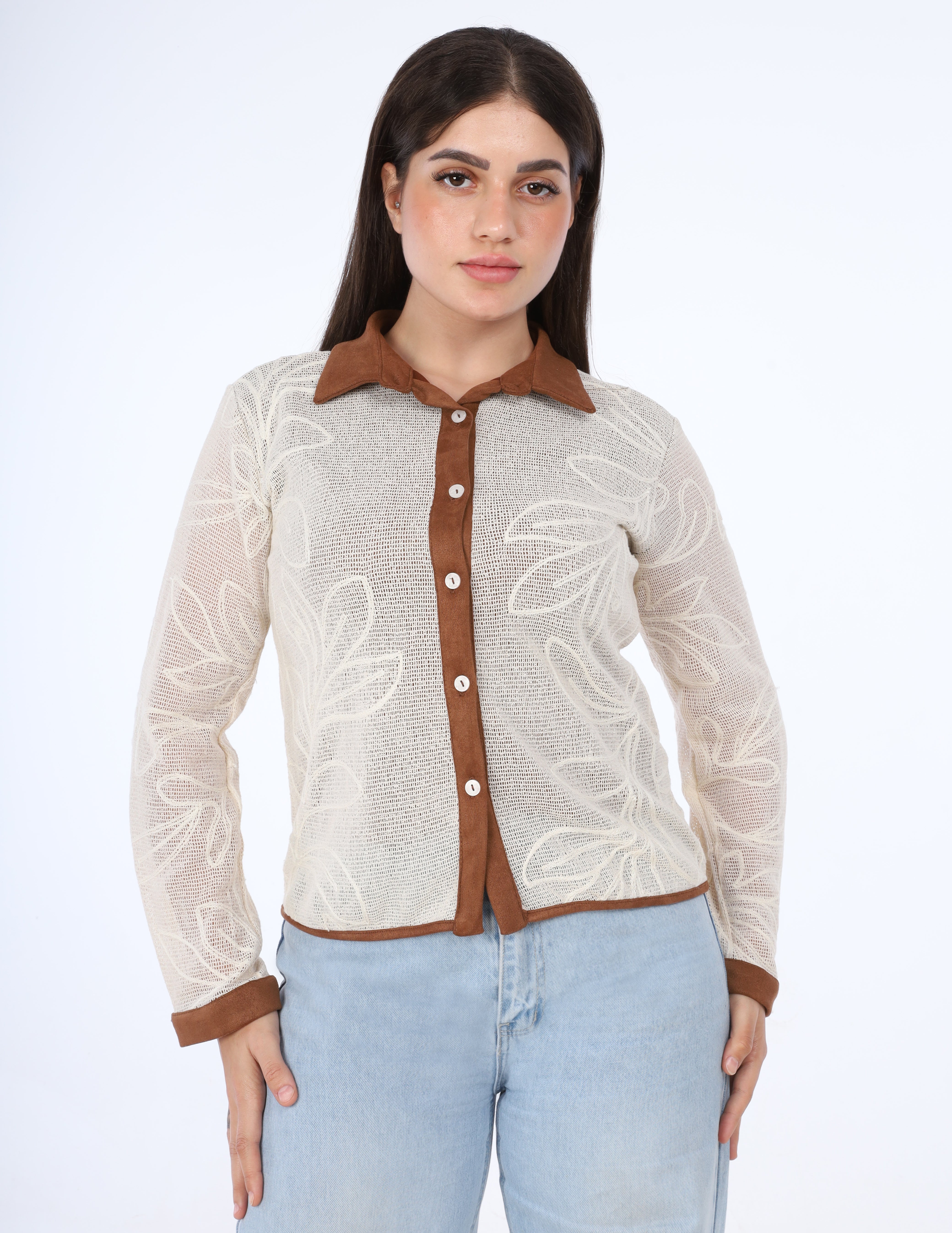 Sheer Embroidered Button-Up Shirt w163113