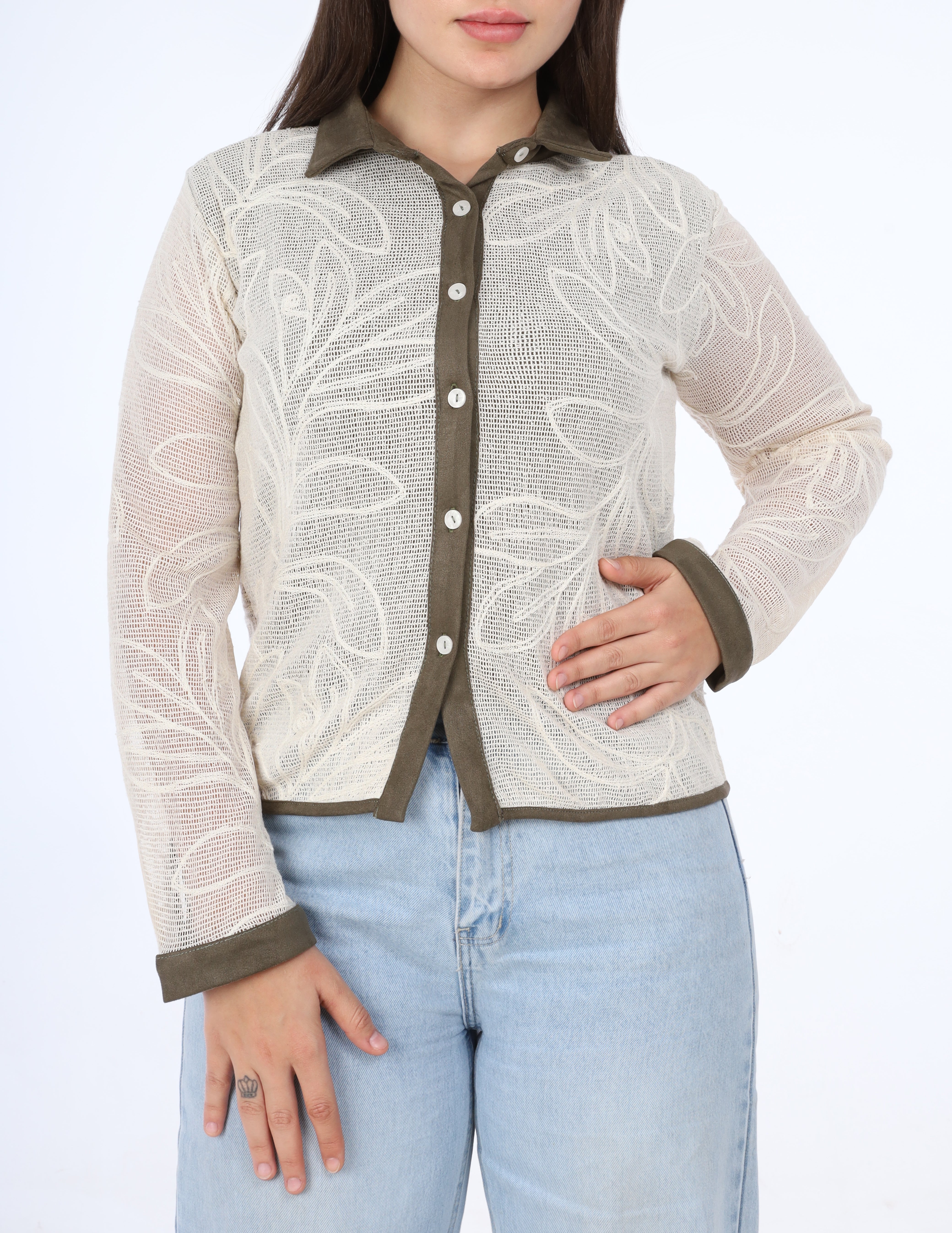 Sheer Embroidered Button-Up Shirt w163113