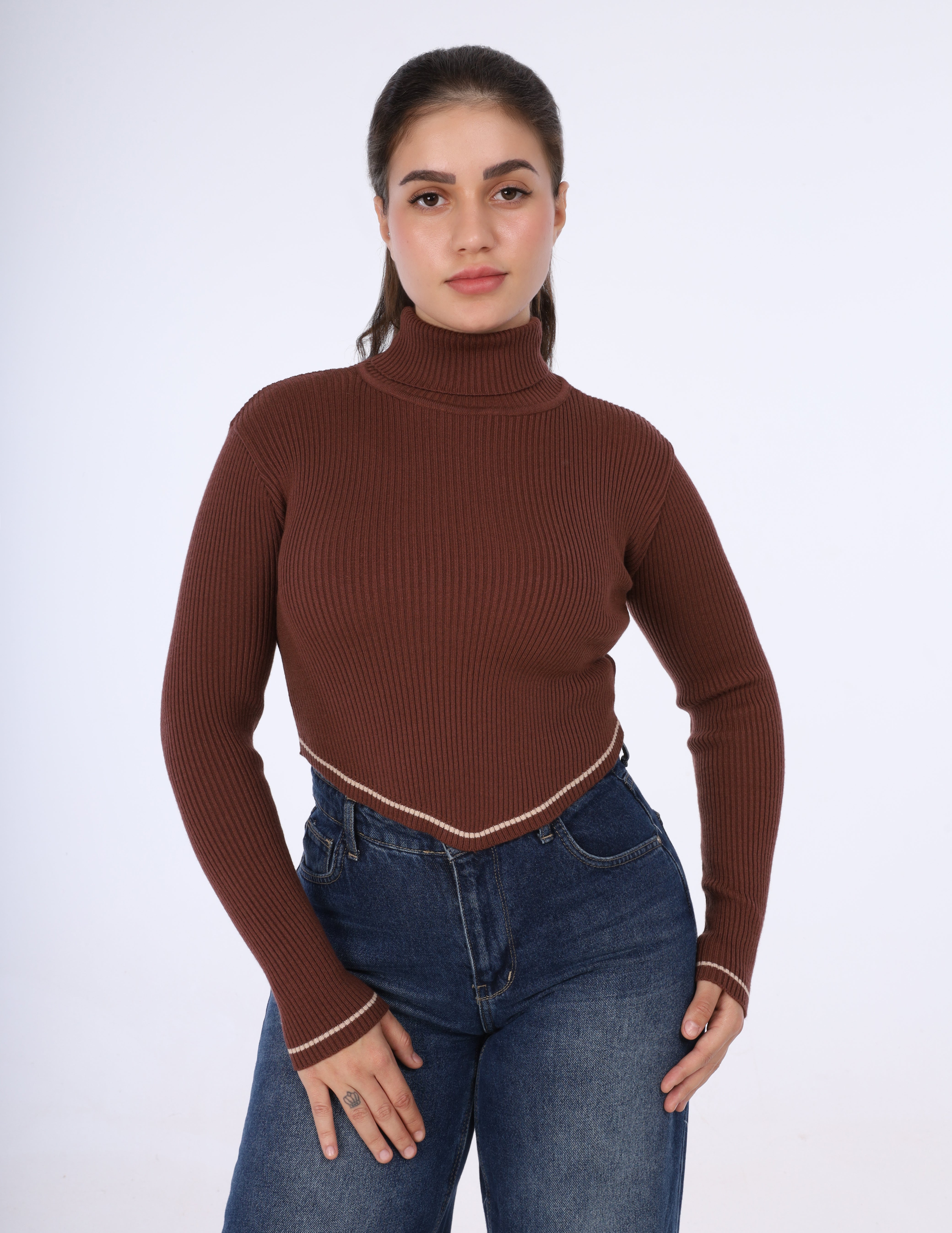 Asymmetrical Ribbed Knit Turtleneck Crop Top w16322
