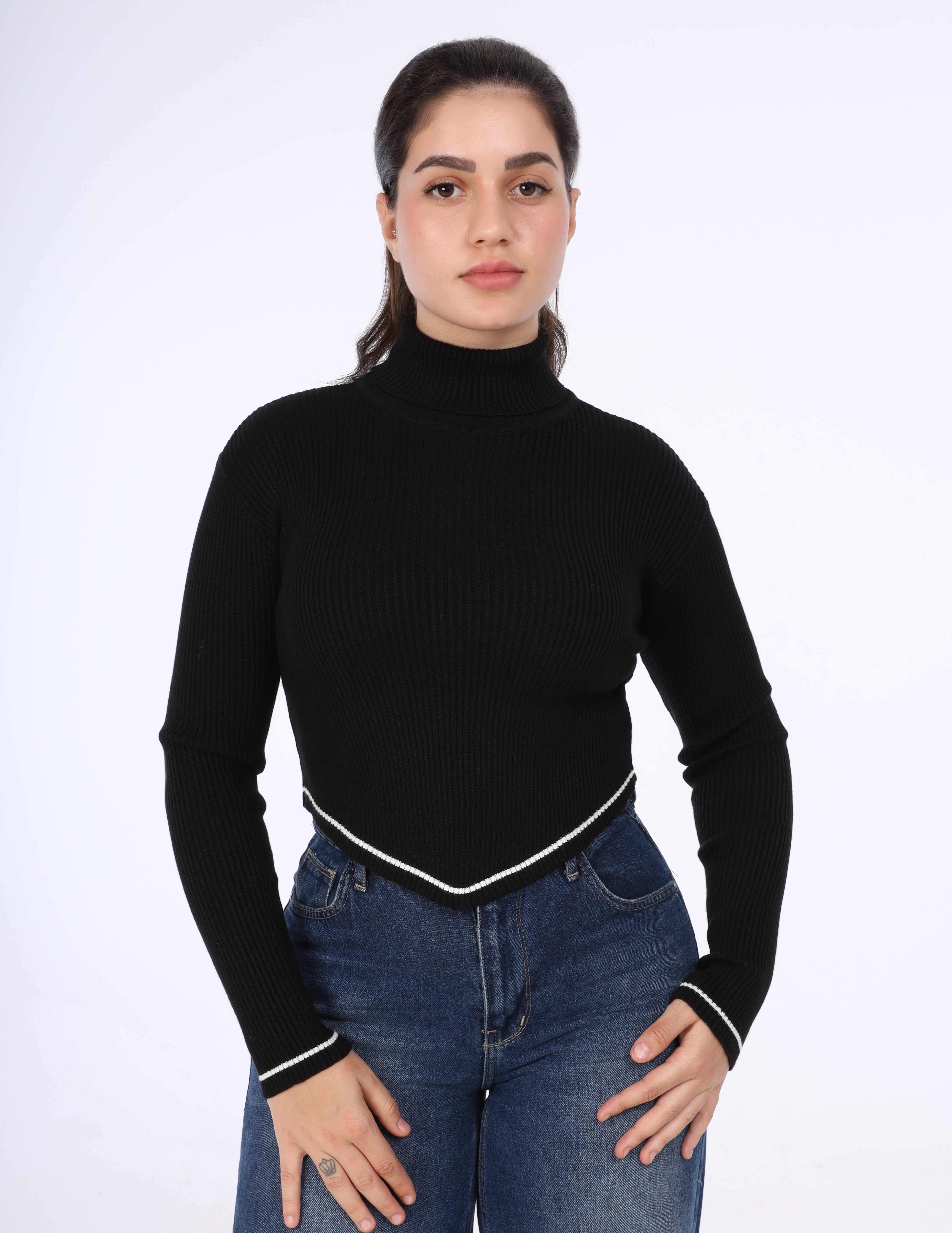 Asymmetrical Ribbed Knit Turtleneck Crop Top w16322