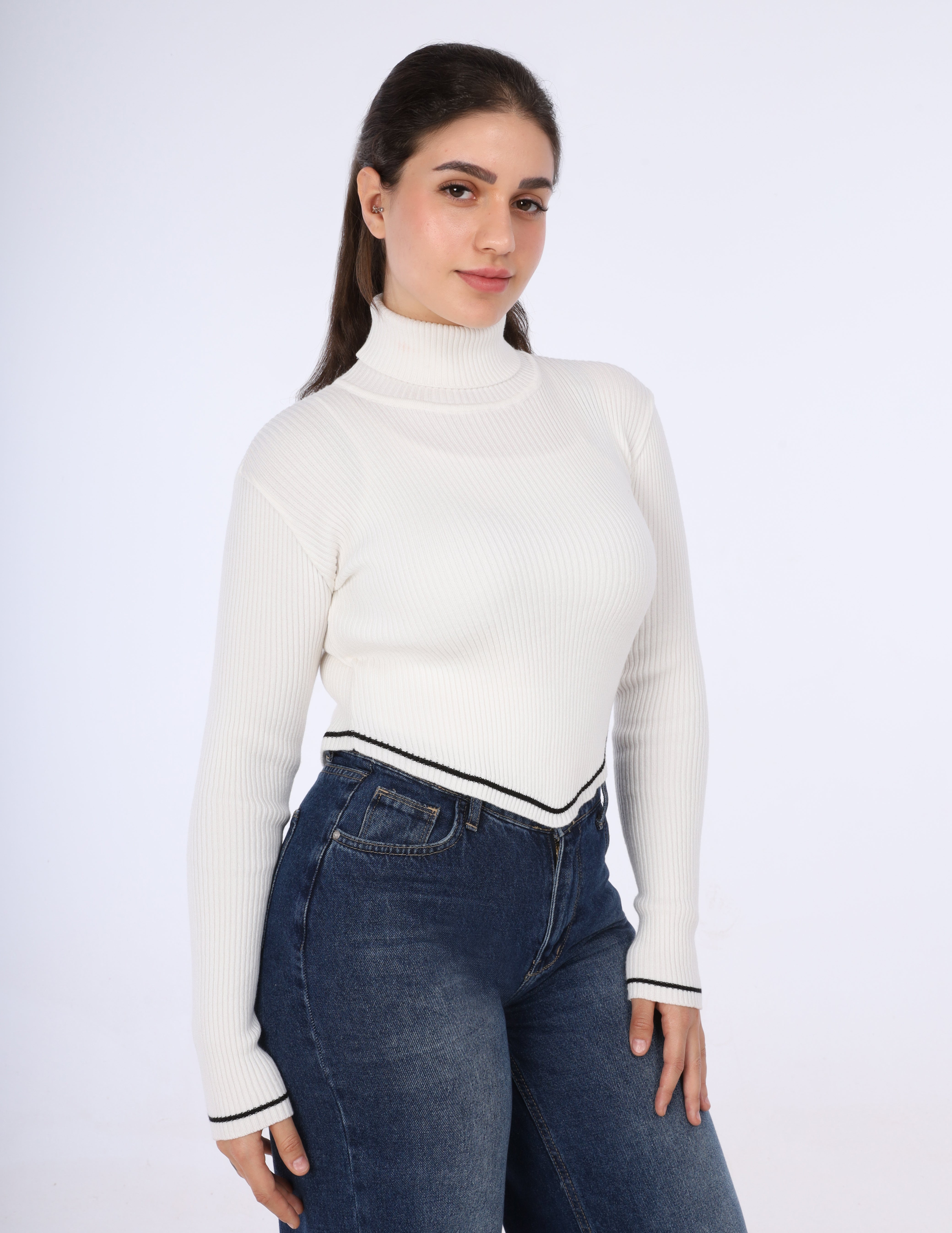 Asymmetrical Ribbed Knit Turtleneck Crop Top w16322