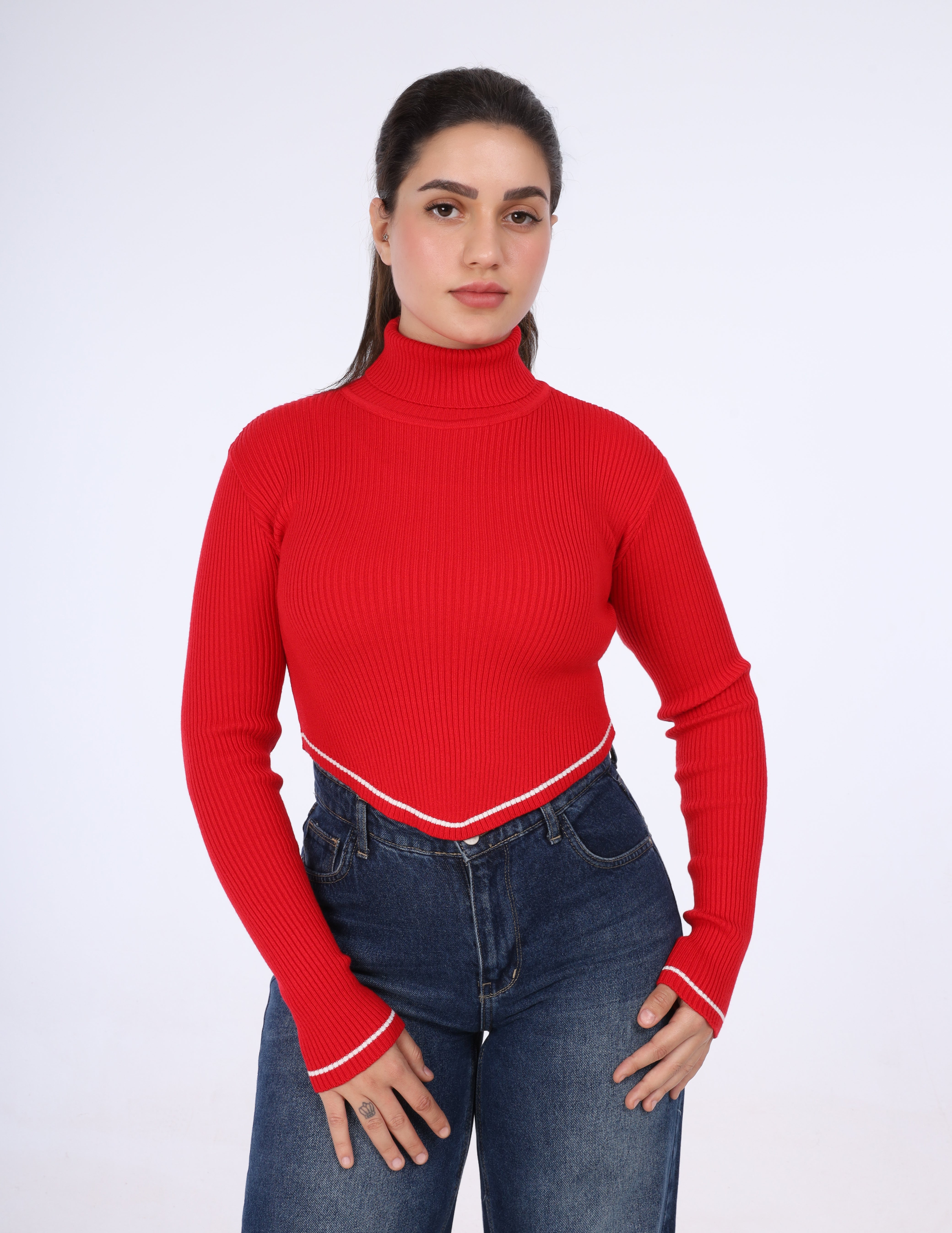 Asymmetrical Ribbed Knit Turtleneck Crop Top w16322