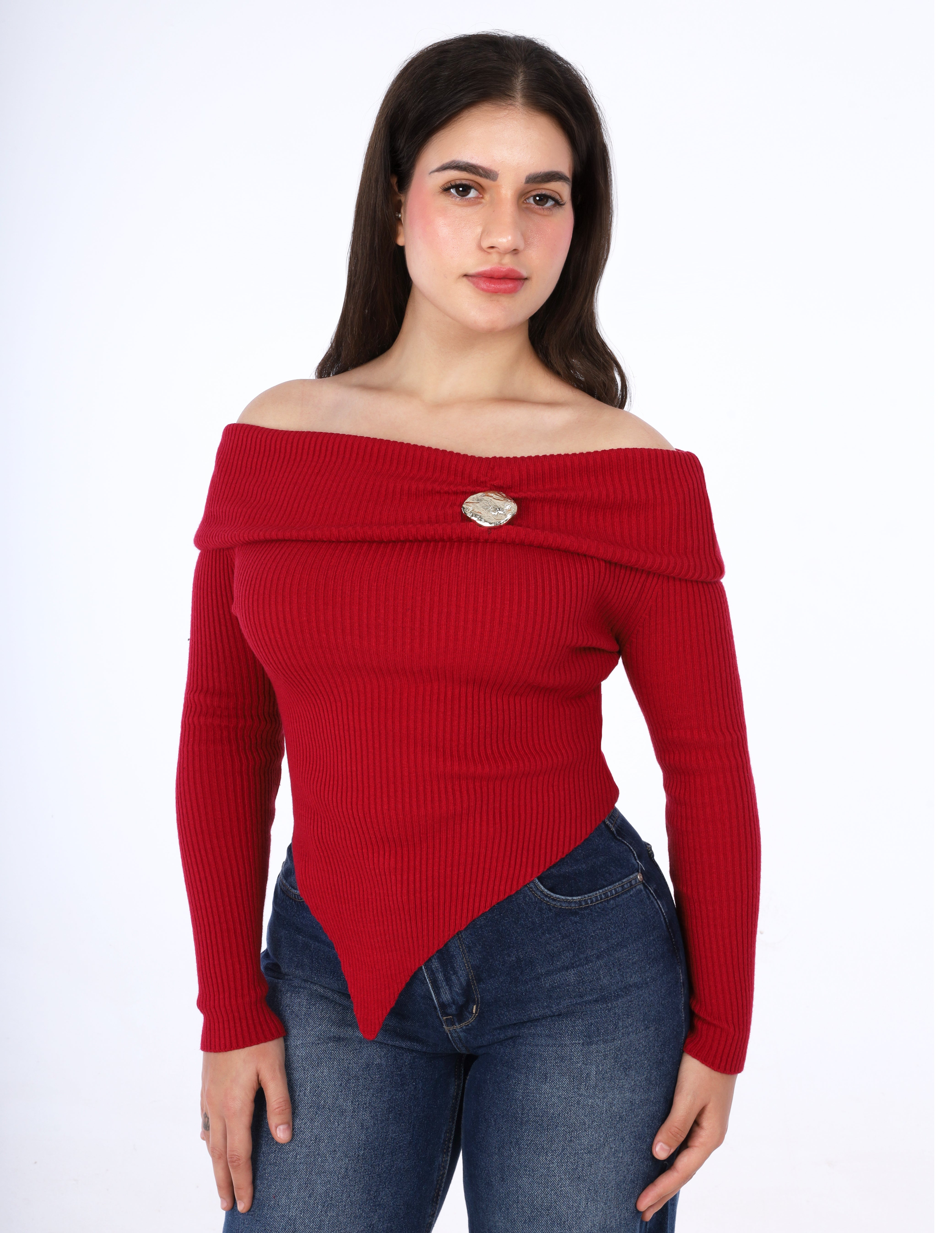 Ribbed Off-Shoulder Asymmetric Top w16326