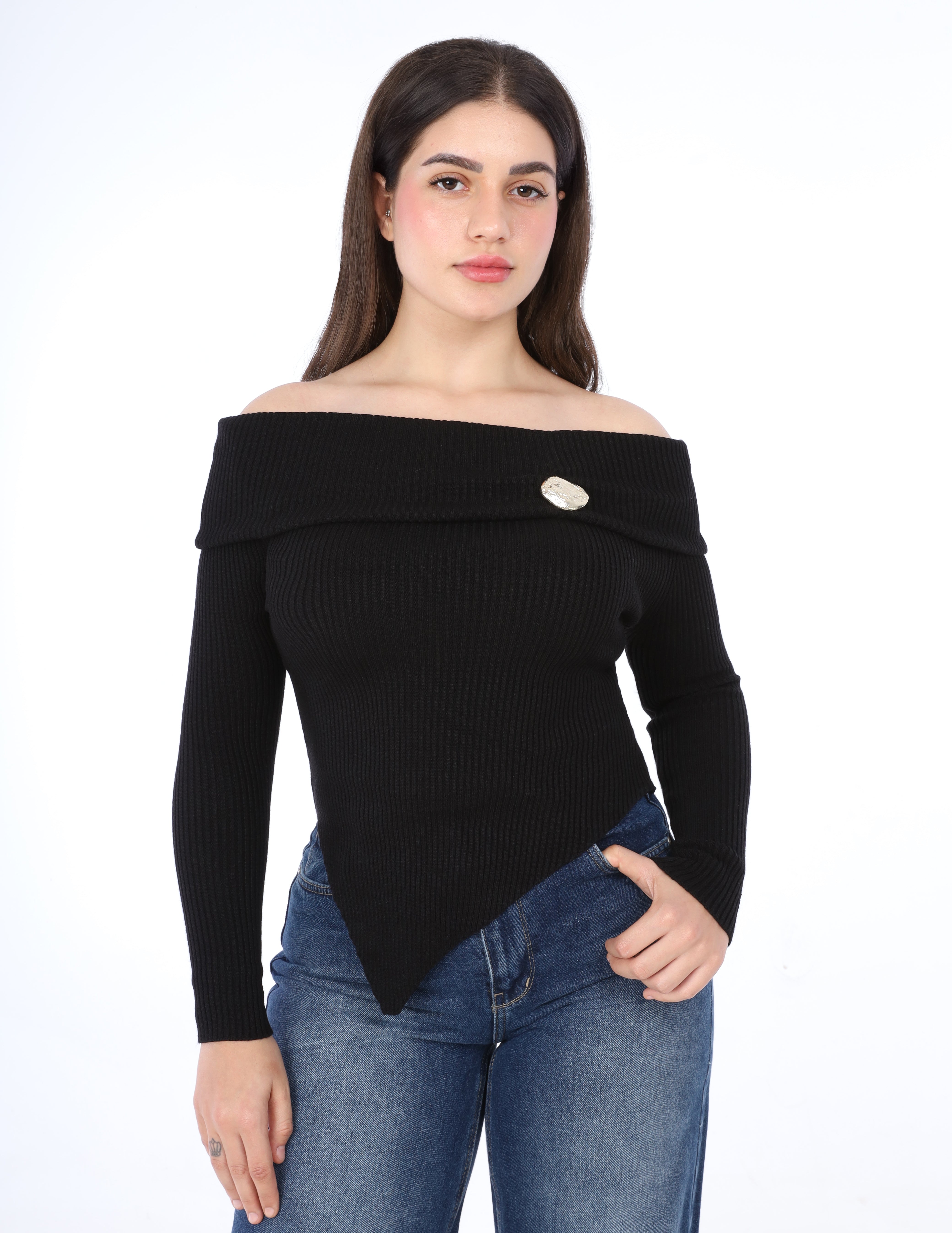 Ribbed Off-Shoulder Asymmetric Top w16326