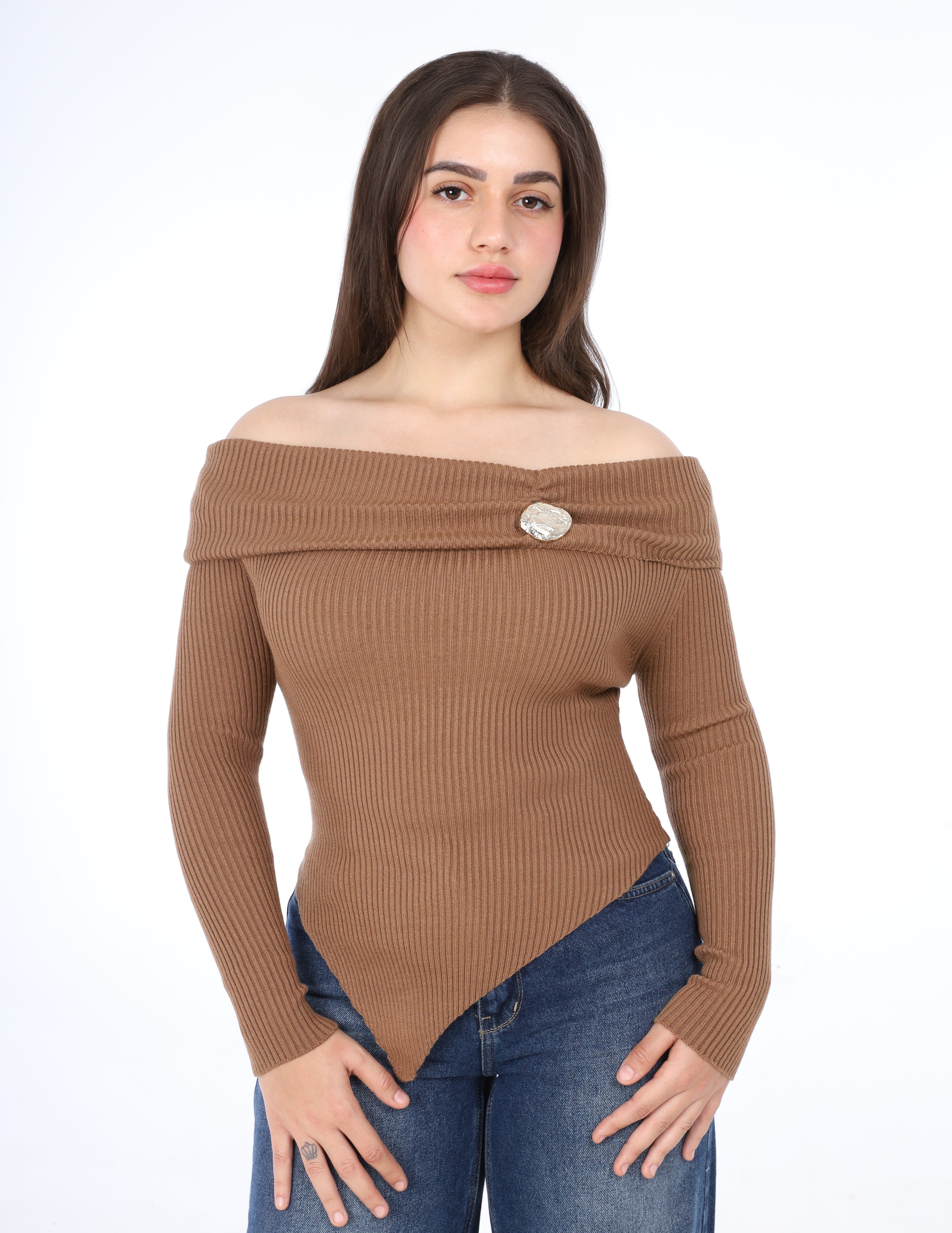 Ribbed Off-Shoulder Asymmetric Top w16326