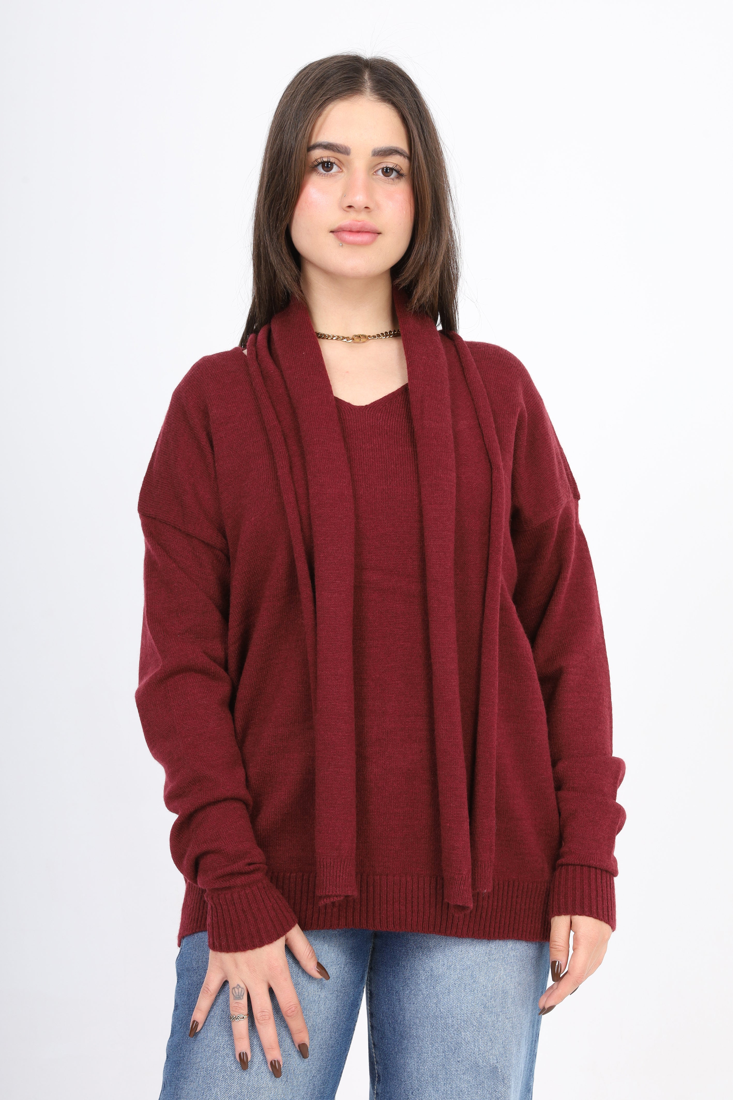 Knit V-Neck Sweater with Scarf w163289