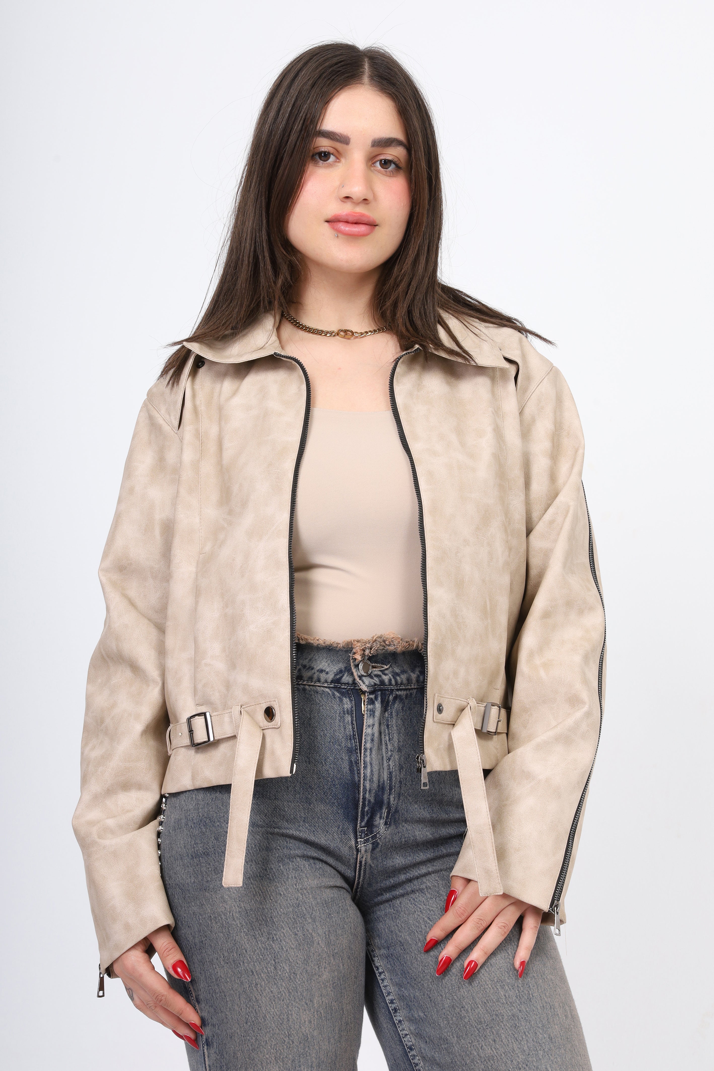 Faux Leather Jacket with Belt w1645/372