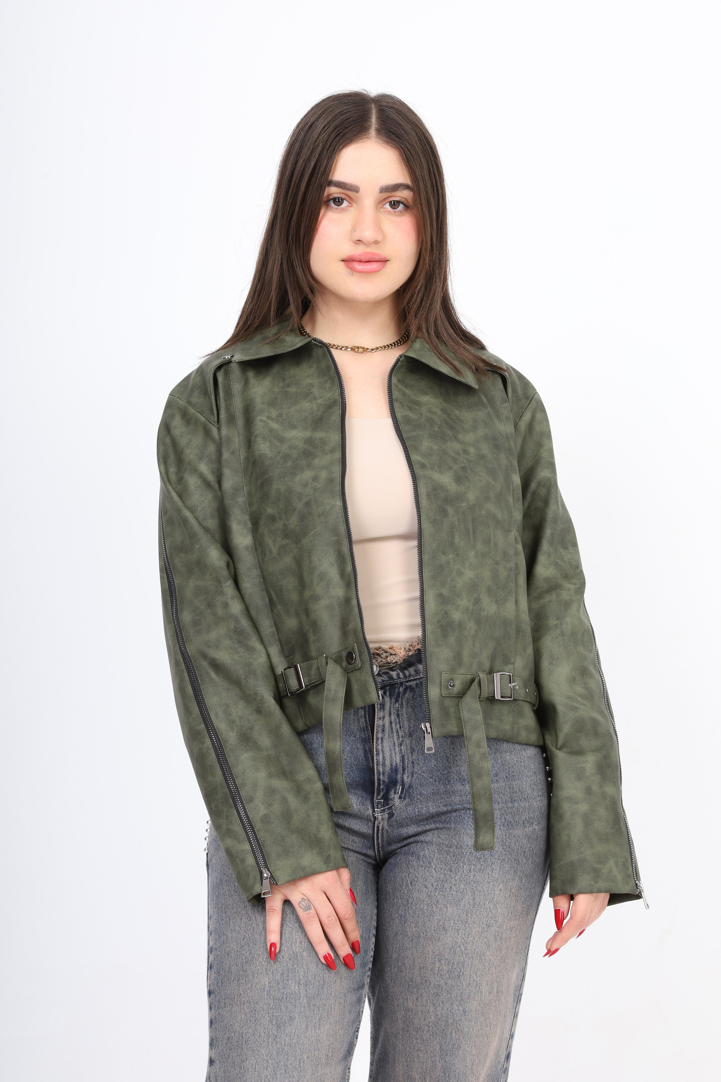 Faux Leather Jacket with Belt w1645/372