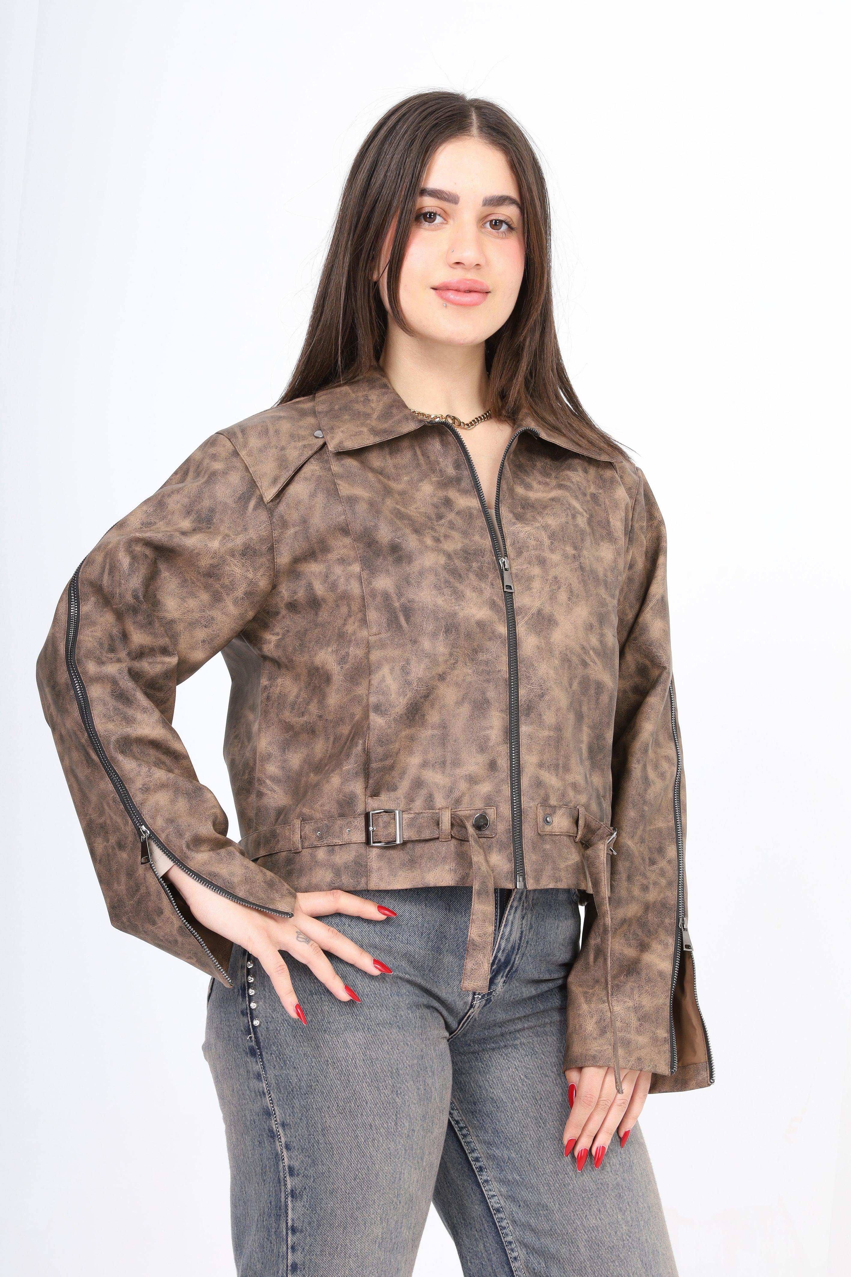 Faux Leather Jacket with Belt w1645/372