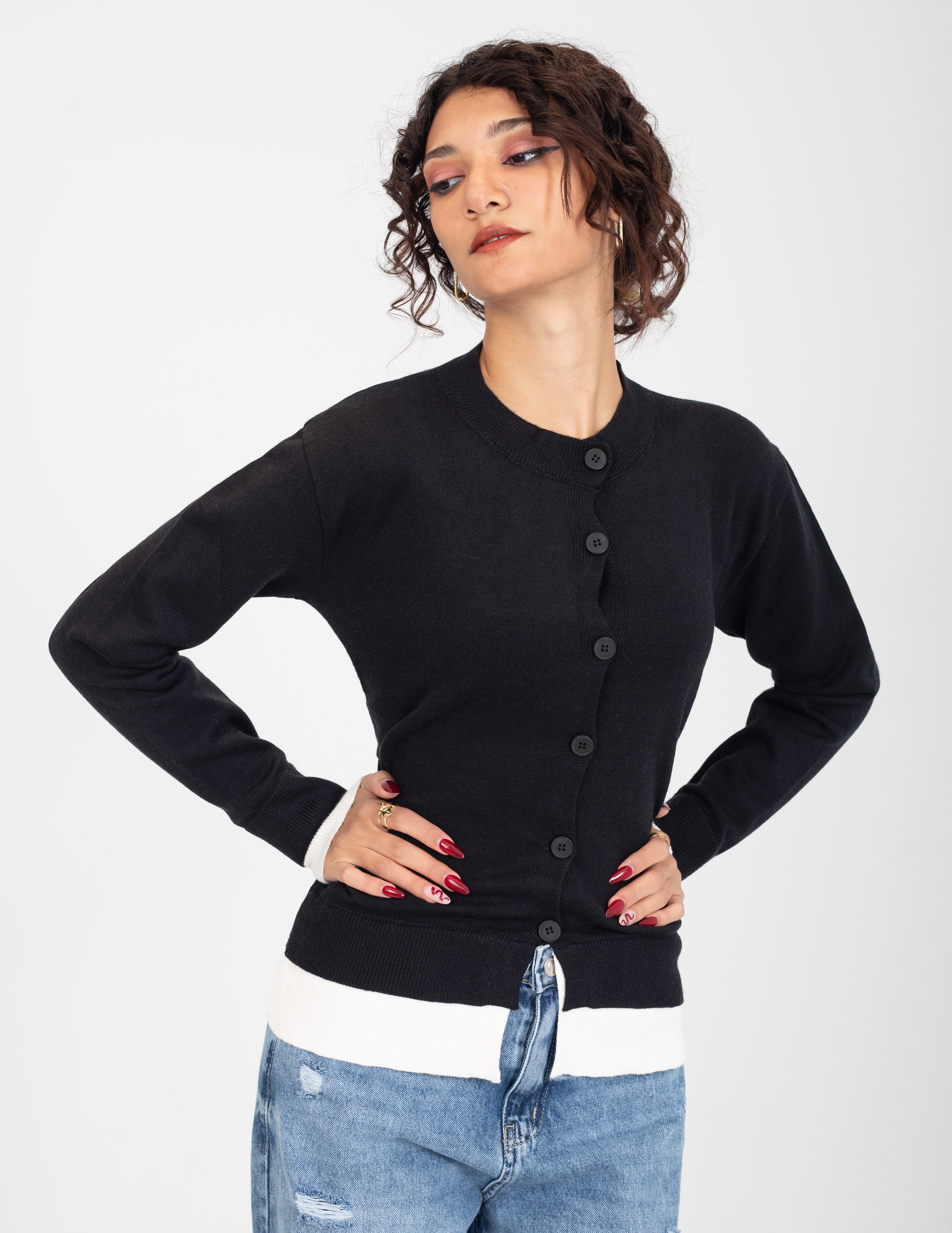 Contrast _Cuff Ribbed Cardigan w164684